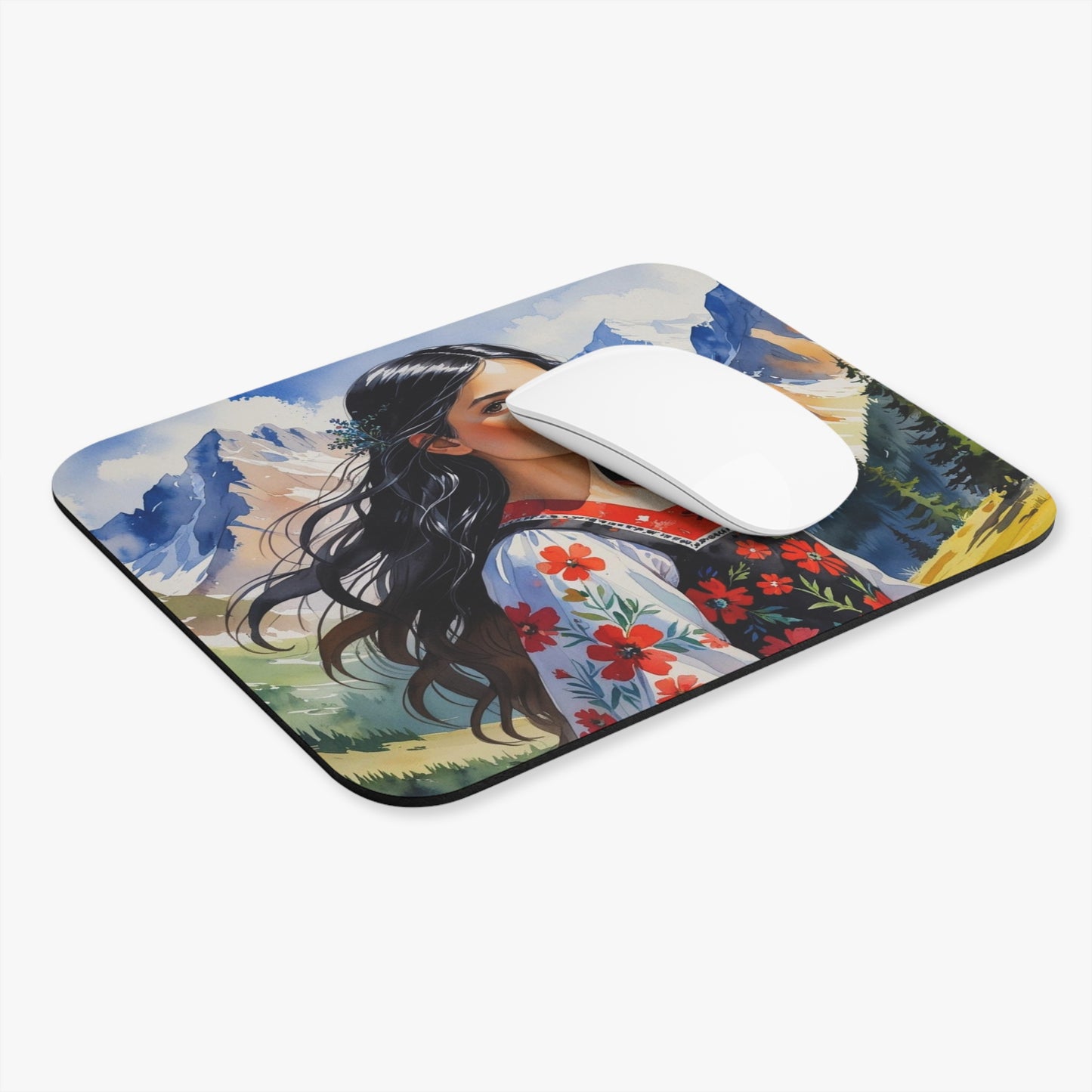 Mountain Albanian Girl Art Mouse Pad Boho Desk Mat | Nature-Inspired Office Decor | Unique Gift for Her