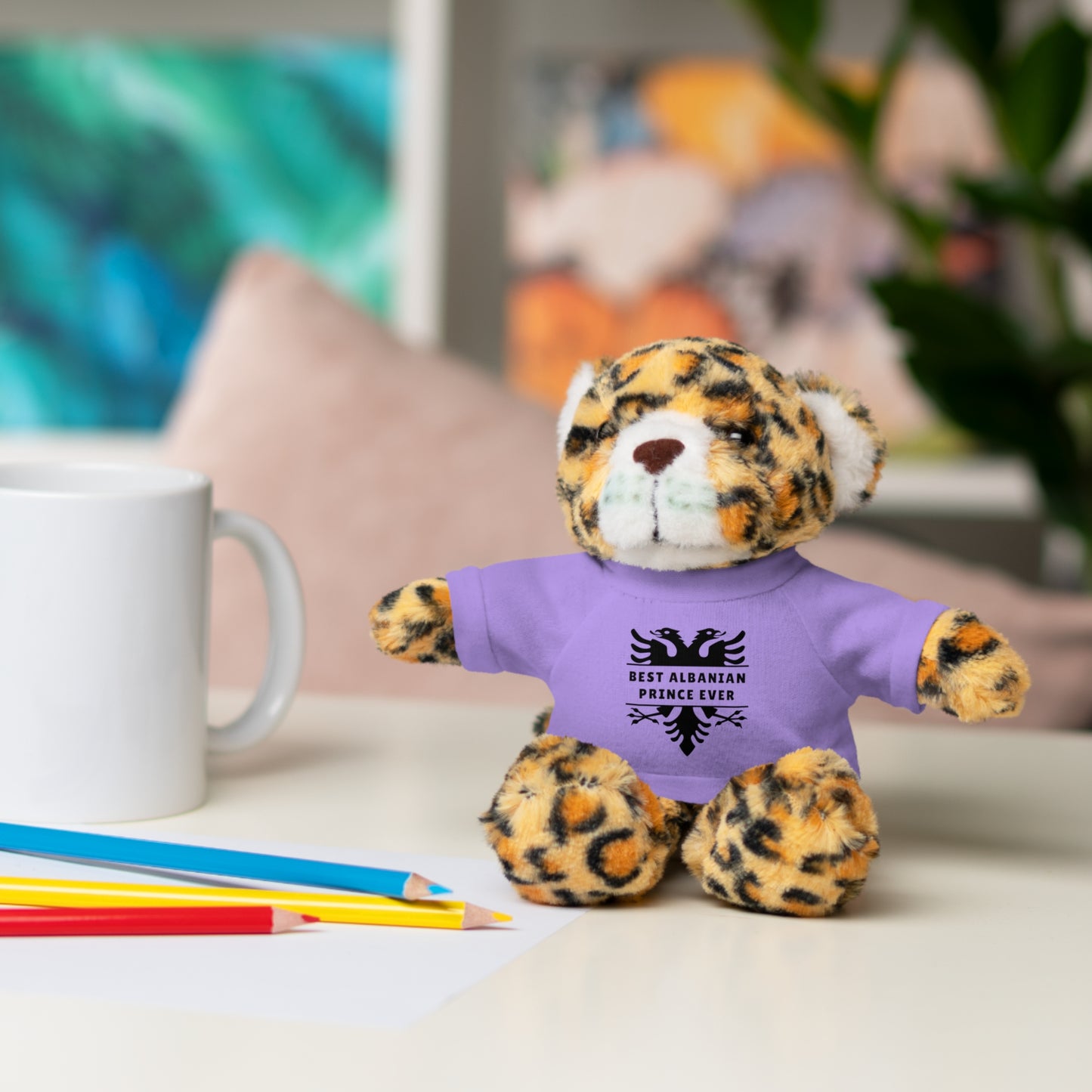Best Albanian Prince Ever | Personalized 8" Plush Stuffed Animal Jaguar | Custom Tee in Multiple Colors | Gift for Kids & Collectors