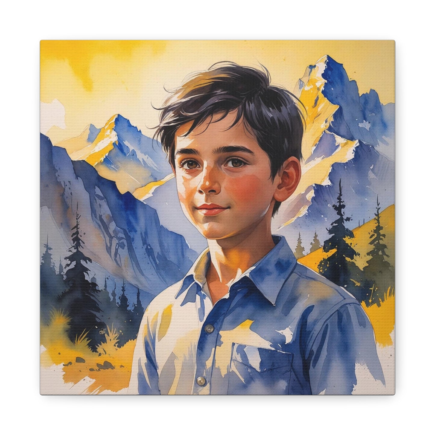 Dardan’s Freedom Dream – Watercolor Style Canvas of a Kosovar Shepherd Boy in the Accursed Mountains at Sunset, Painted in Kosovo’s Yellow and Blue Hues