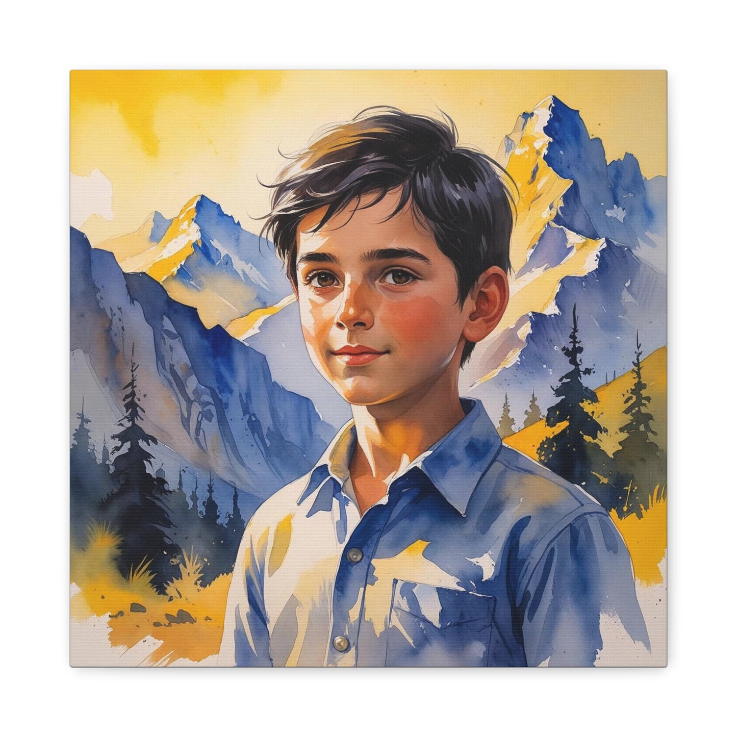 Dardan’s Freedom Dream – Watercolor Style Canvas of a Kosovar Shepherd Boy in the Accursed Mountains at Sunset, Painted in Kosovo’s Yellow and Blue Hues