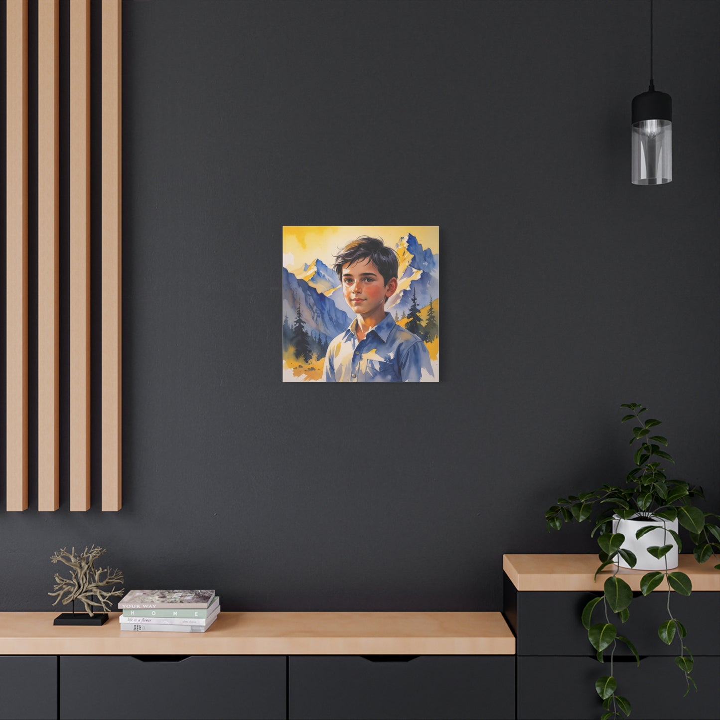 Dardan’s Freedom Dream – Watercolor Style Canvas of a Kosovar Shepherd Boy in the Accursed Mountains at Sunset, Painted in Kosovo’s Yellow and Blue Hues