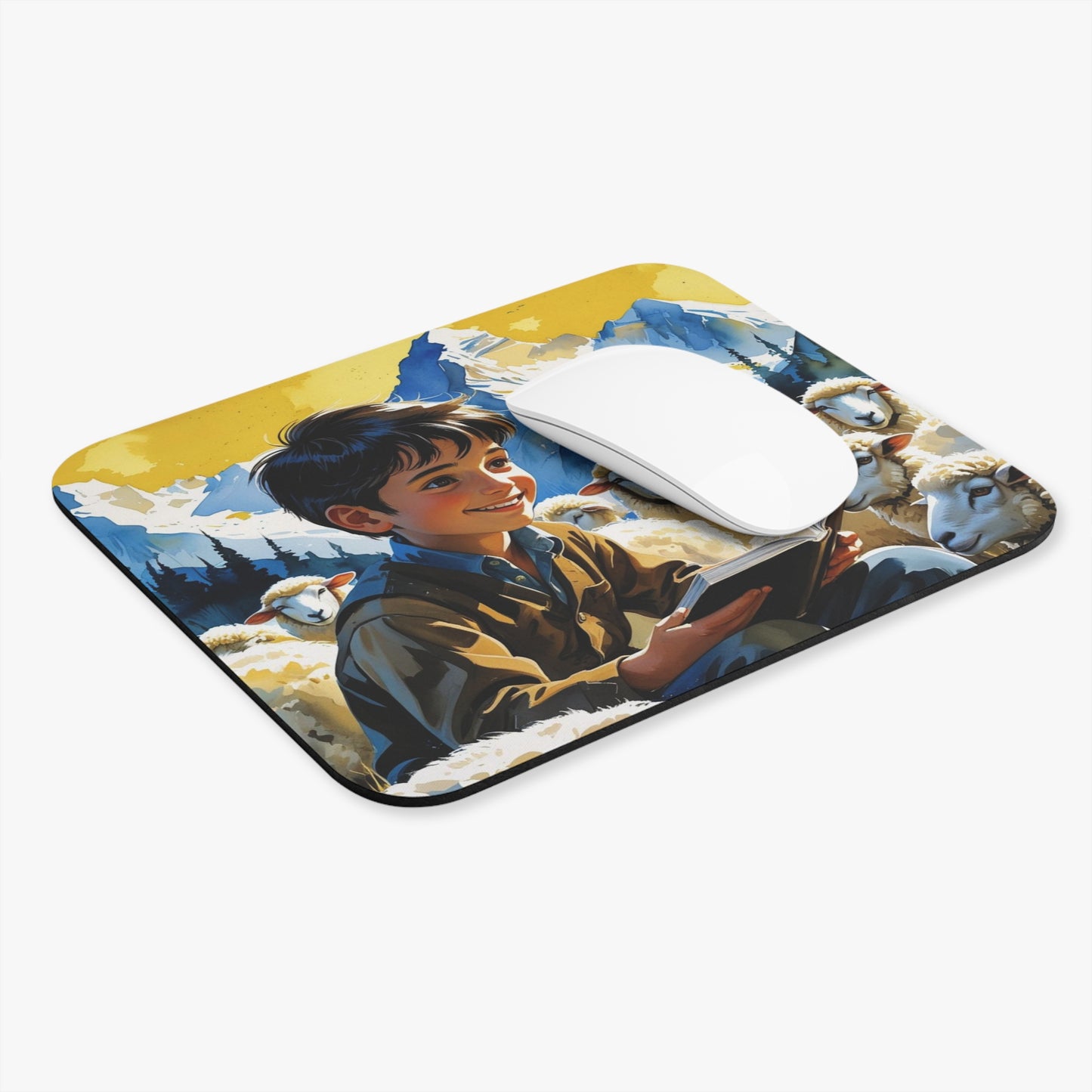Kosovar Shepherd Boy Mouse Pad – Reading to Sheep in the Mountains Blue & Yellow Hues | 9"x8" Desk Accessory | Cultural Art Gift