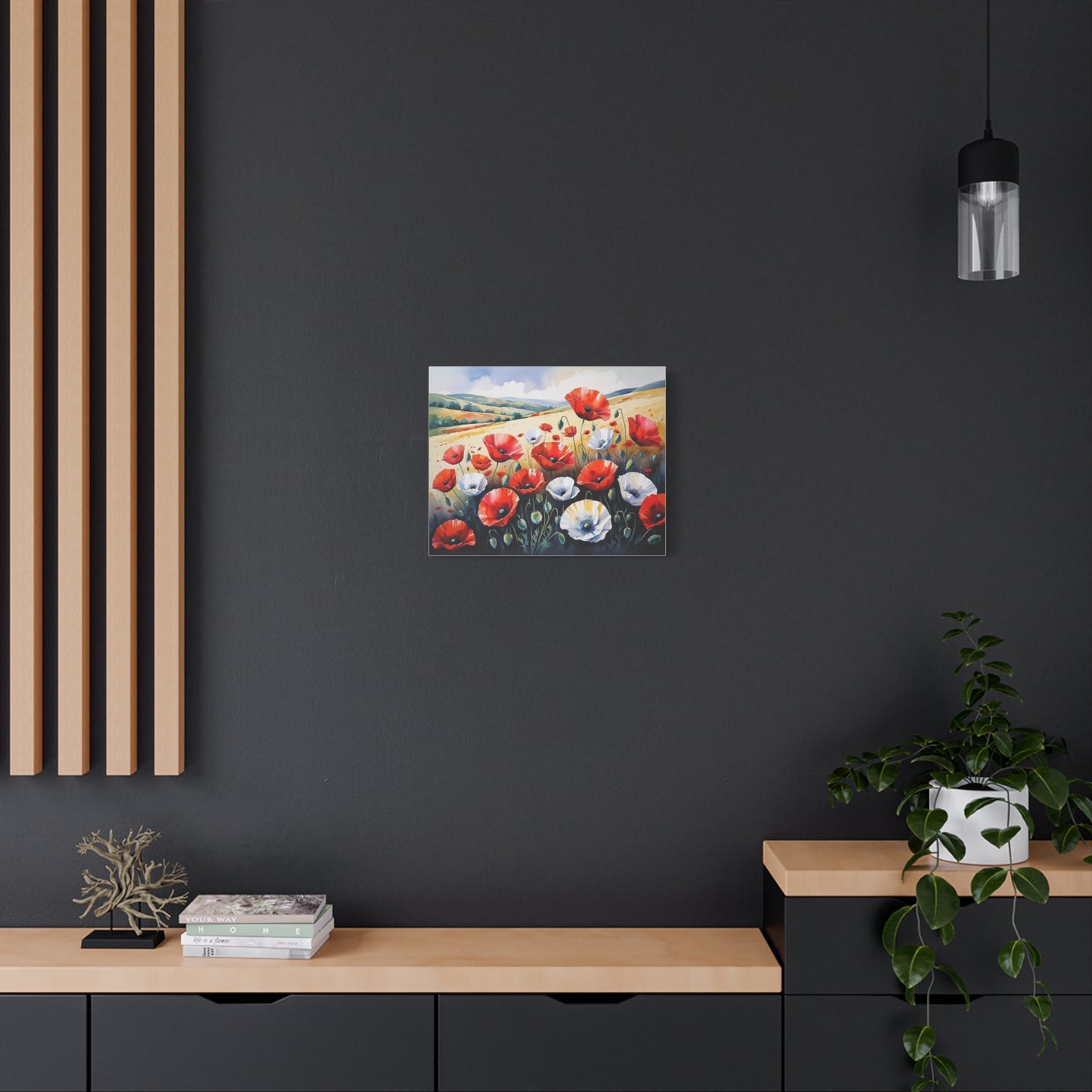 Whispers of the Homeland – Watercolor Canvas of Red Poppies in the Albanian Countryside in Flag-Inspired Hues