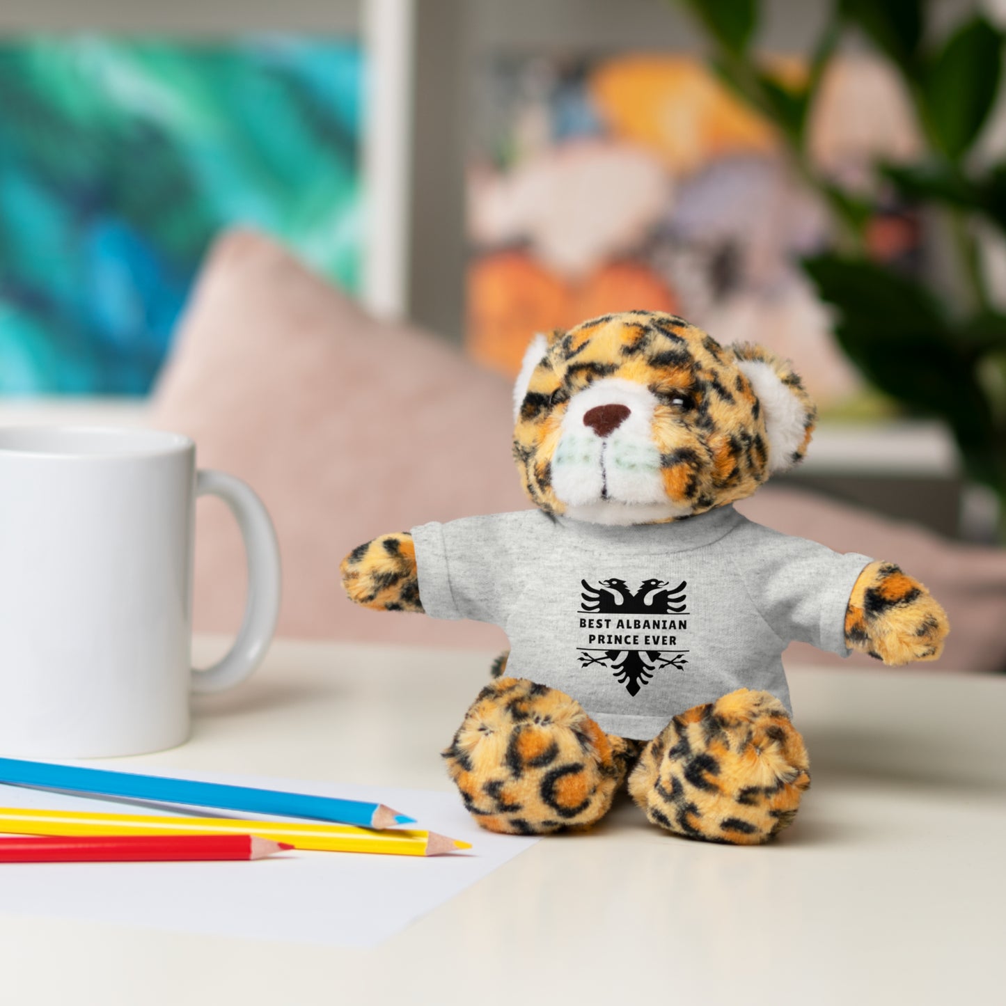 Best Albanian Prince Ever | Personalized 8" Plush Stuffed Animal Jaguar | Custom Tee in Multiple Colors | Gift for Kids & Collectors