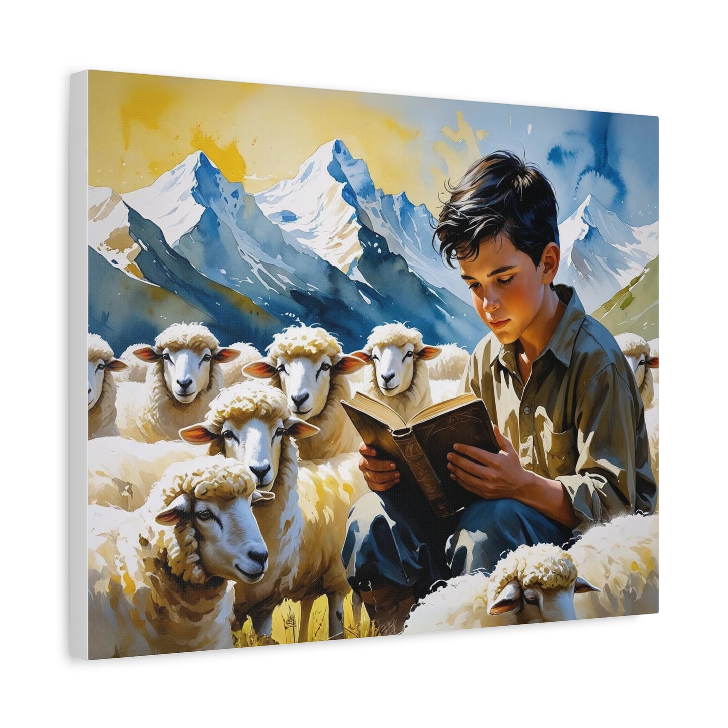 "Sheko’s Dream Among the Peaks – A Shepherd Boy’s Quiet Journey" Watercolor Style Canvas, Farmhouse Wall Decor