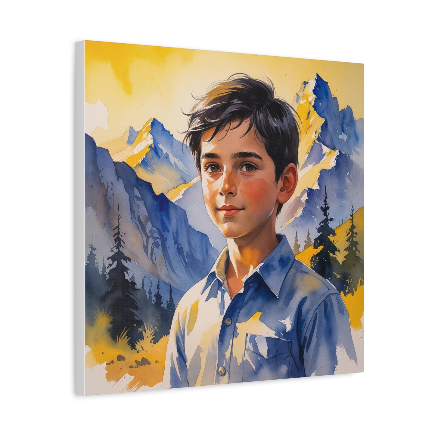 Dardan’s Freedom Dream – Watercolor Style Canvas of a Kosovar Shepherd Boy in the Accursed Mountains at Sunset, Painted in Kosovo’s Yellow and Blue Hues