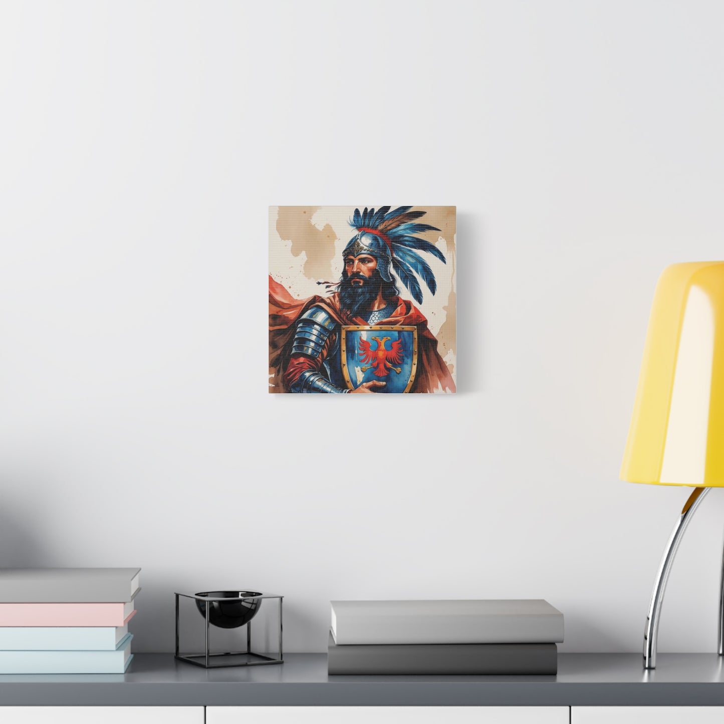Skanderbeg: Guardian of the Eagle – A Regal Watercolor Style Portrait of Albania’s National Hero in Crimson, Gold, and Valor
