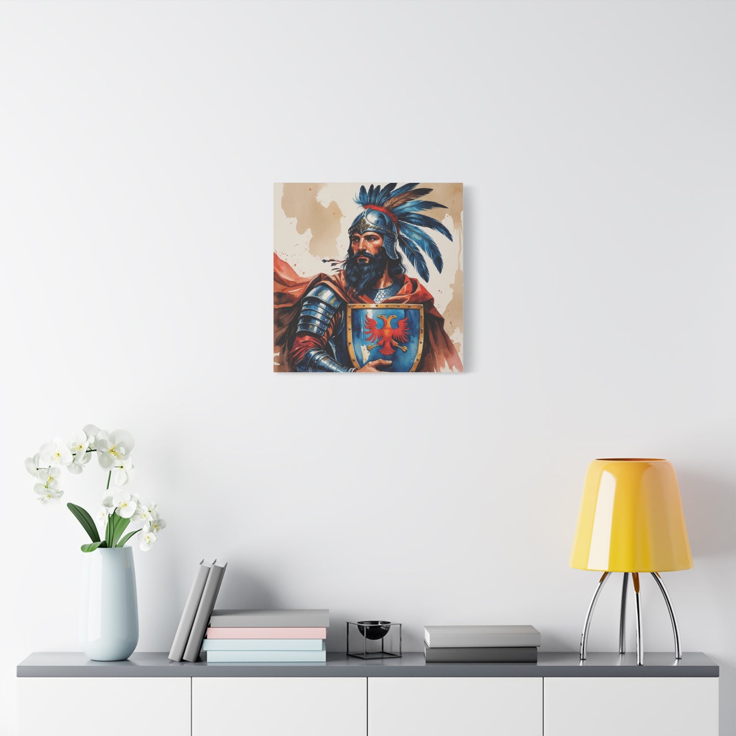Skanderbeg: Guardian of the Eagle – A Regal Watercolor Style Portrait of Albania’s National Hero in Crimson, Gold, and Valor