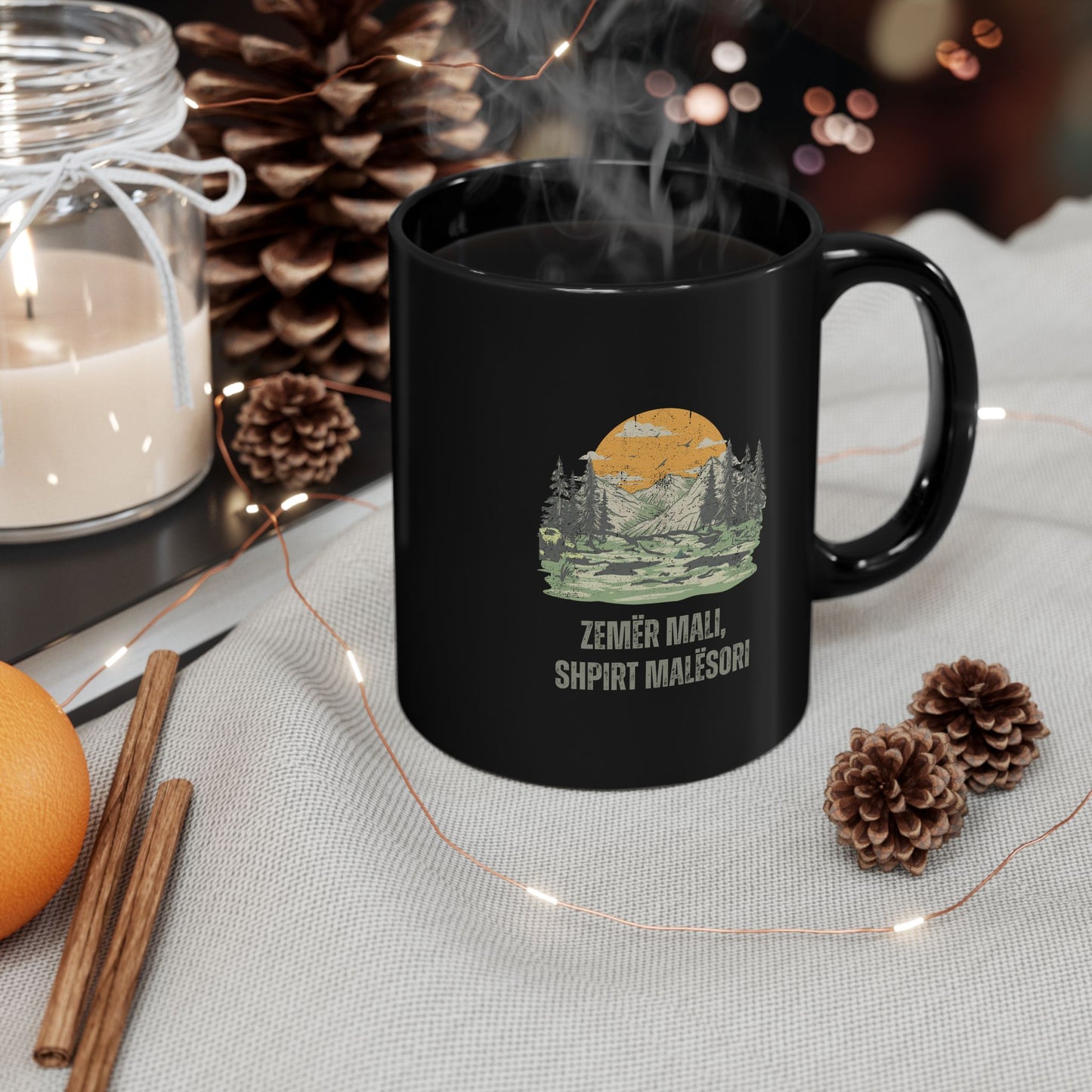 Zemër Mali, Shpirt Malësori – Black Distressed Mug | Mountain Heart, Highlander Soul | 11oz Albanian Pride Cup