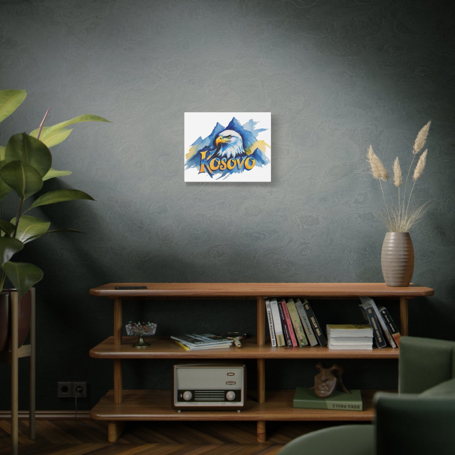 Kosovo Eagle Watercolor Style Canvas | Blue & Yellow Patriotic Wall Art – Serene Mountain-Inspired Decor