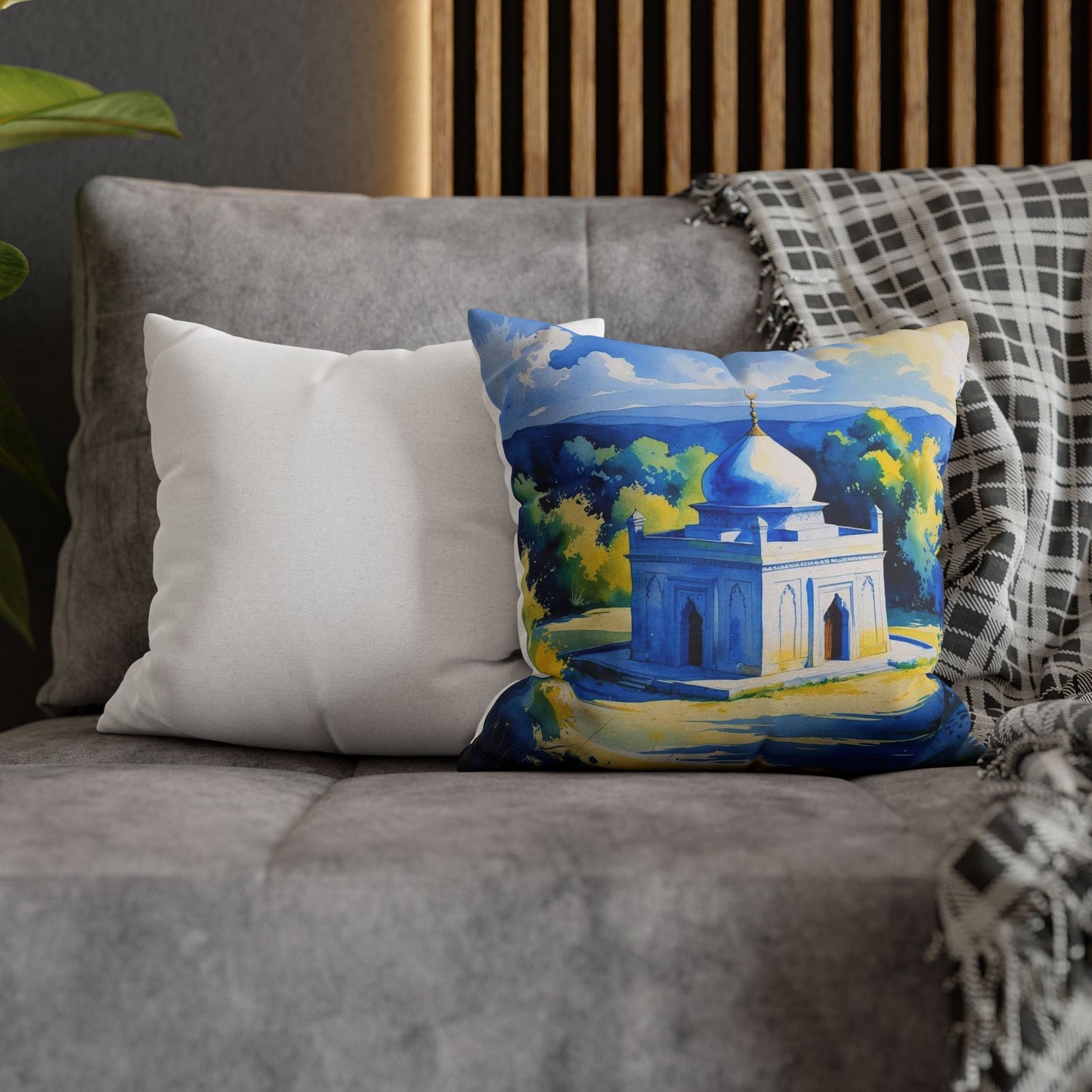 Mystic Serenity: Sufi Temple in Kosovo – Watercolor Art Pillowcase, Blue & Yellow Decorative Cushion Cover