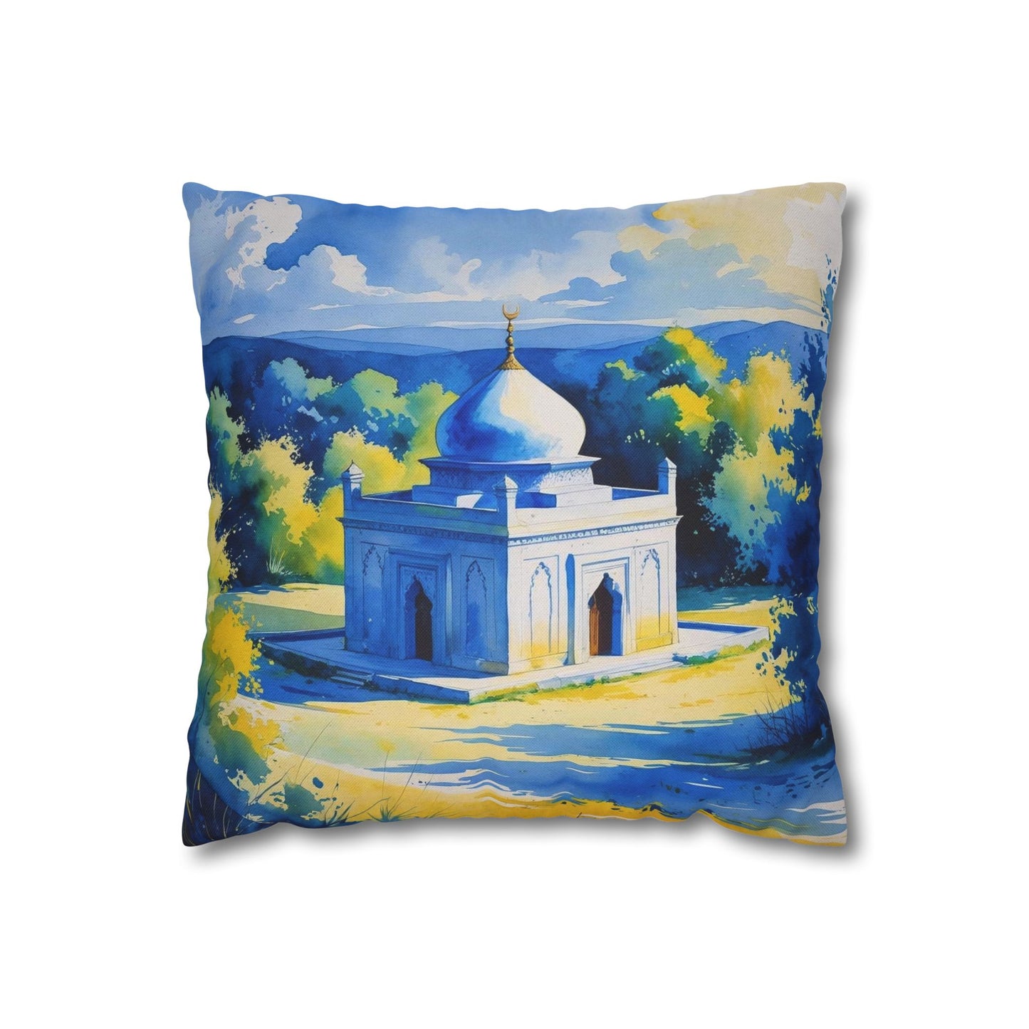 Mystic Serenity: Sufi Temple in Kosovo – Watercolor Art Pillowcase, Blue & Yellow Decorative Cushion Cover