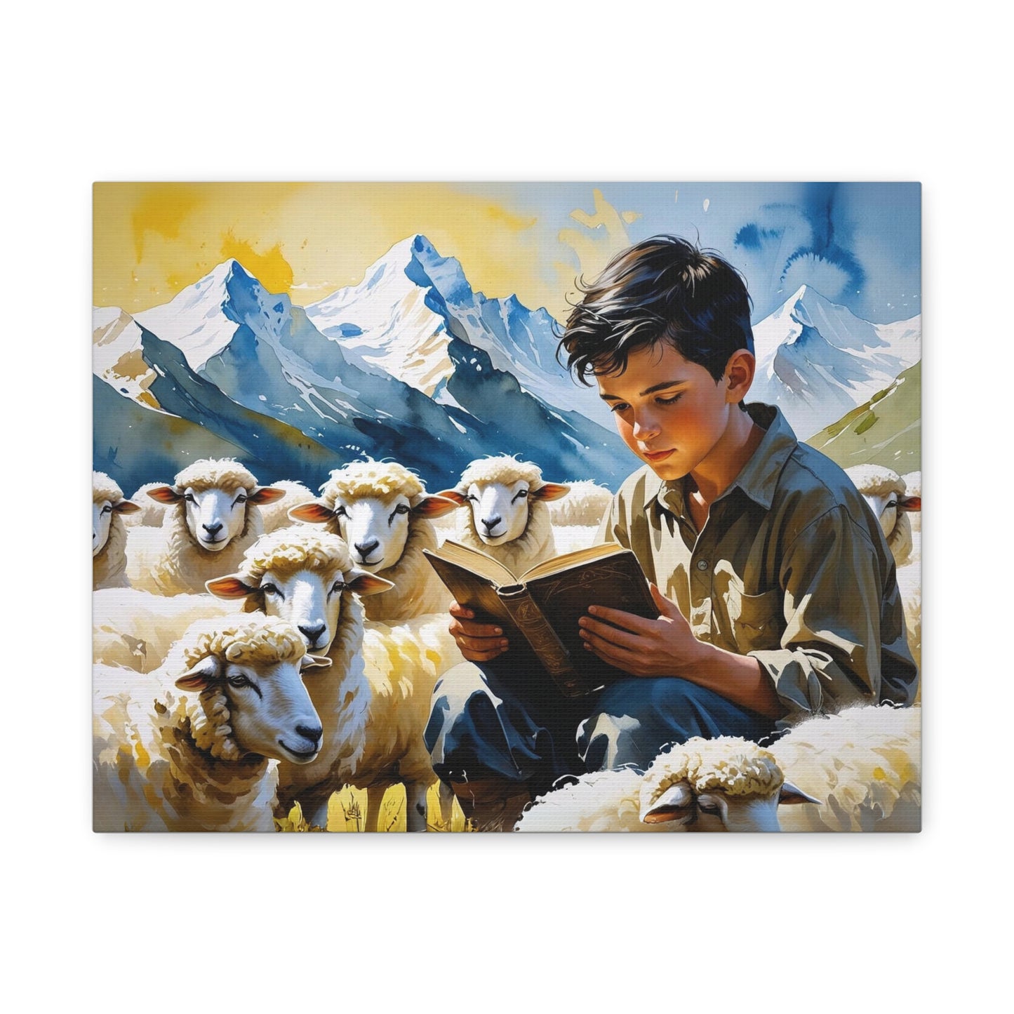 "Sheko’s Dream Among the Peaks – A Shepherd Boy’s Quiet Journey" Watercolor Style Canvas, Farmhouse Wall Decor