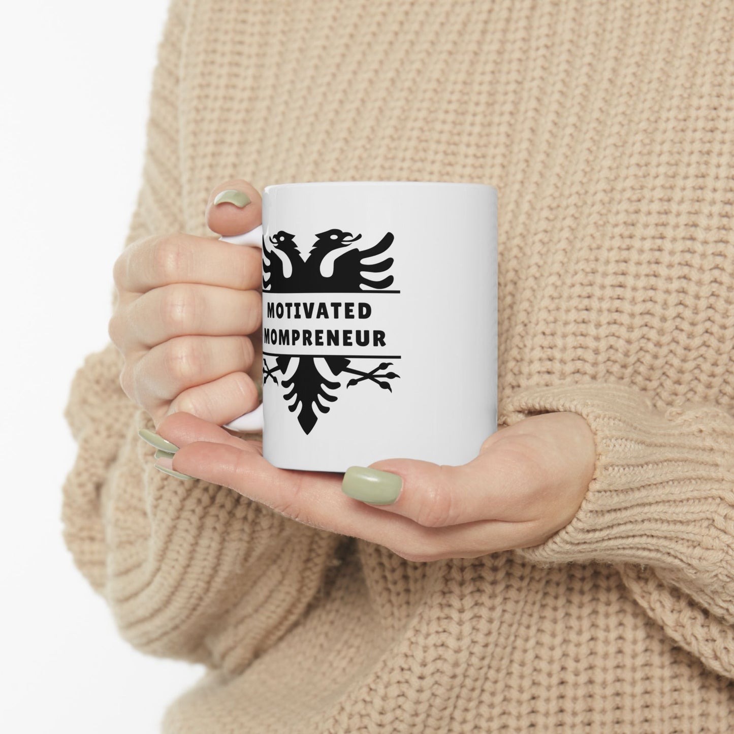 Motivated Mompreneur – Albanian Eagle Mug 11oz White Ceramic Coffee Cup | Bold Black Eagle Design | Empowering Gift for Albanian Women, Entrepreneurs, & Boss Moms