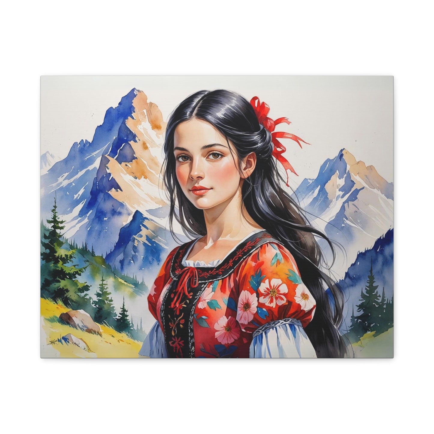 "Besa Among the Mountains" – Albanian Shepherdess Watercolor Style Art in Red & Black Floral Dress