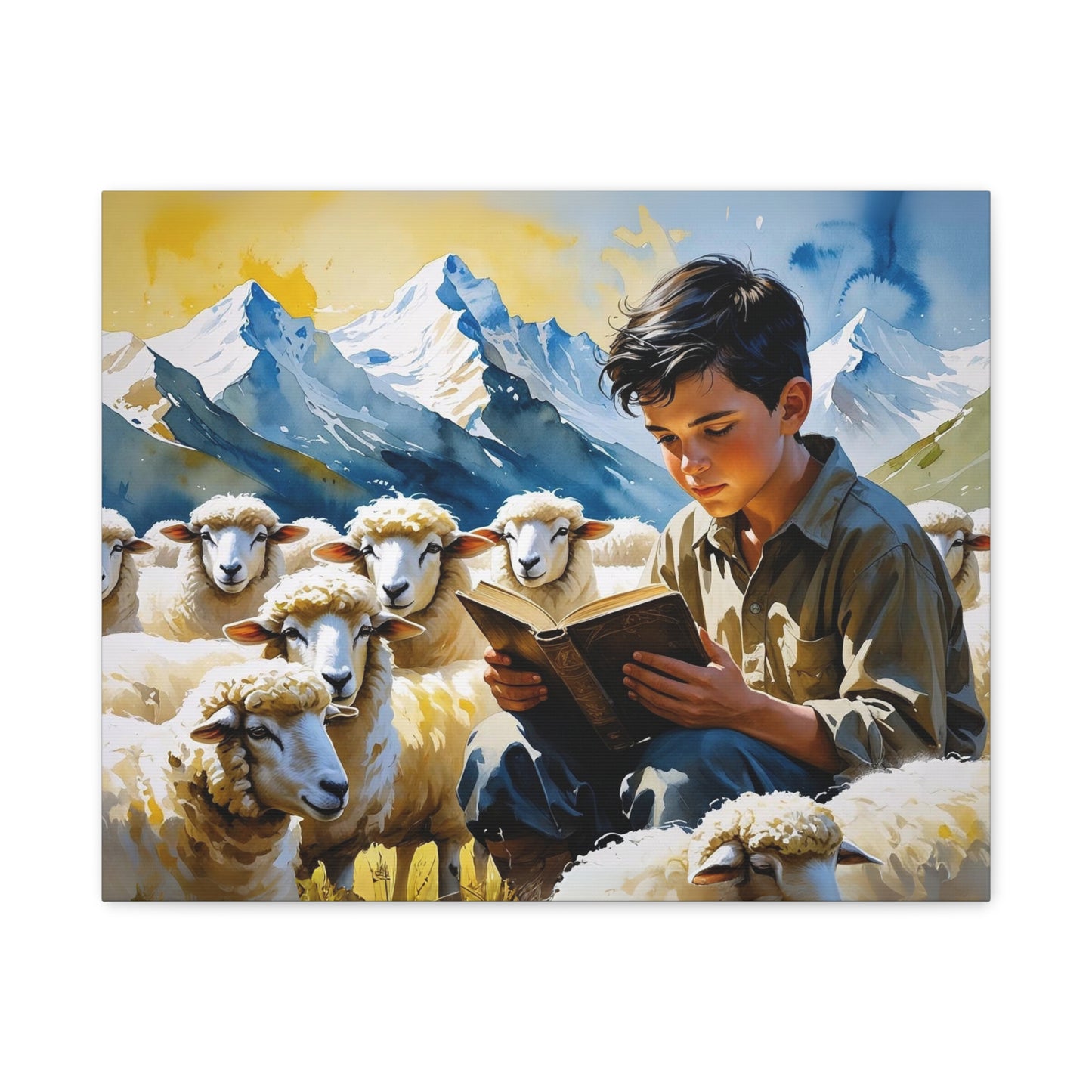 "Sheko’s Dream Among the Peaks – A Shepherd Boy’s Quiet Journey" Watercolor Style Canvas, Farmhouse Wall Decor