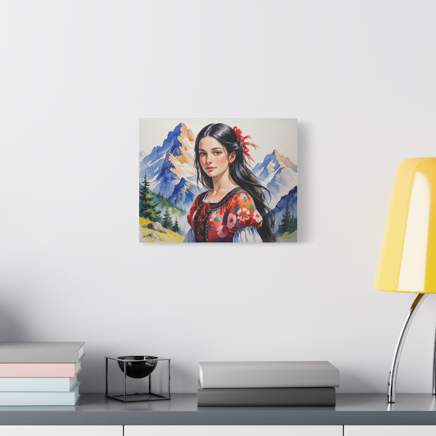 "Besa Among the Mountains" – Albanian Shepherdess Watercolor Style Art in Red & Black Floral Dress