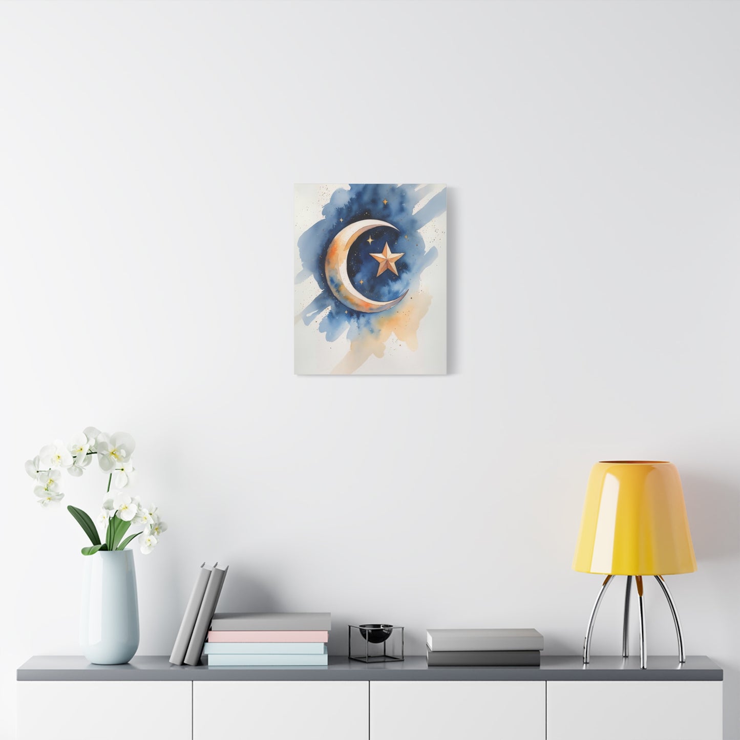 Kosovo Islamic Crescent Moon & Star Canvas I Watercolor Style | Celestial Wall Art for Home, Nursery & Gift Giving