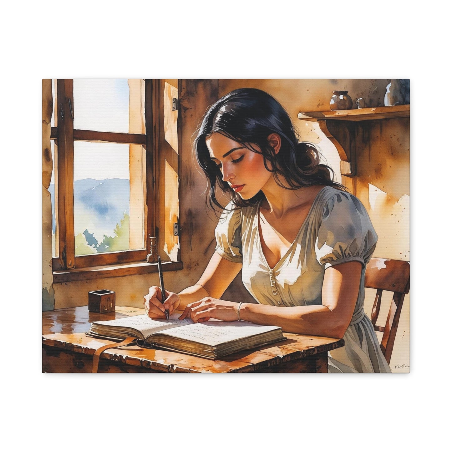 Elira’s Quiet Rebellion – A Watercolor Portrait of an Albanian Woman Writing Her Freedom, Canvas Wall Art, Gift for Writers
