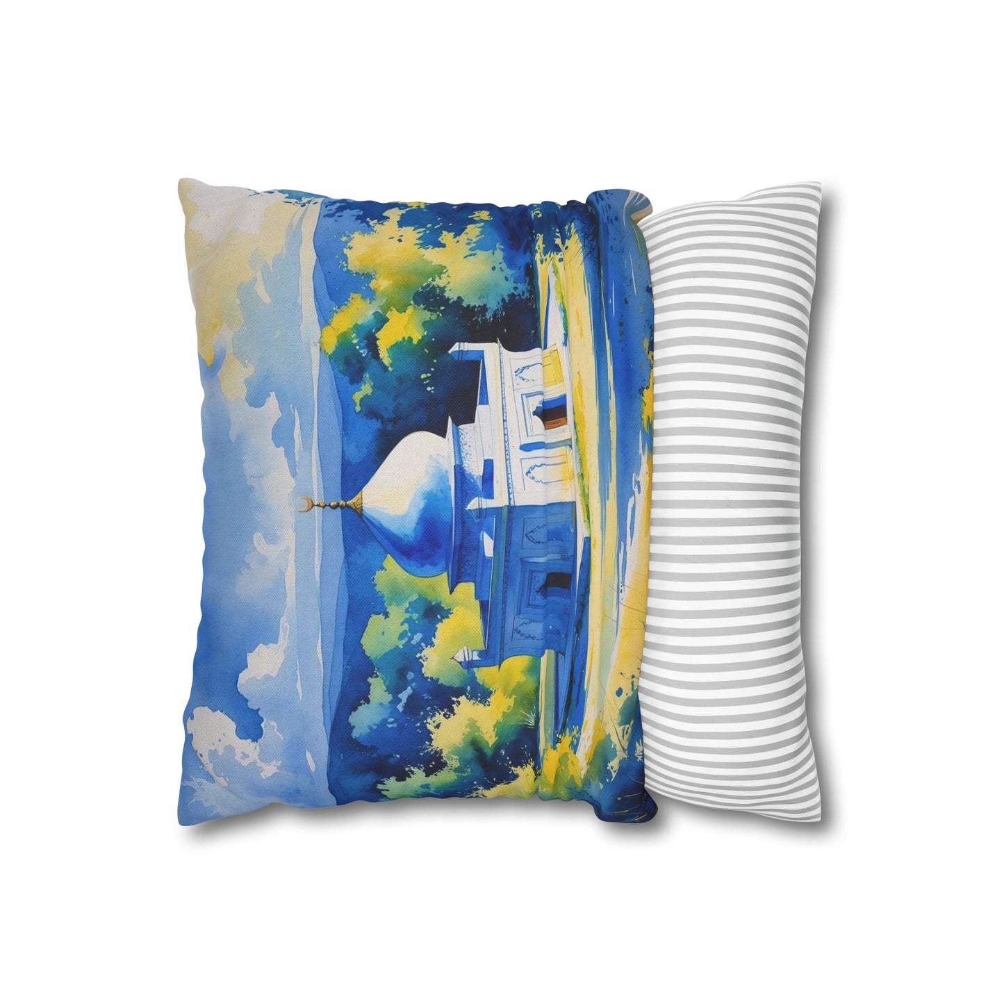 Mystic Serenity: Sufi Temple in Kosovo – Watercolor Art Pillowcase, Blue & Yellow Decorative Cushion Cover