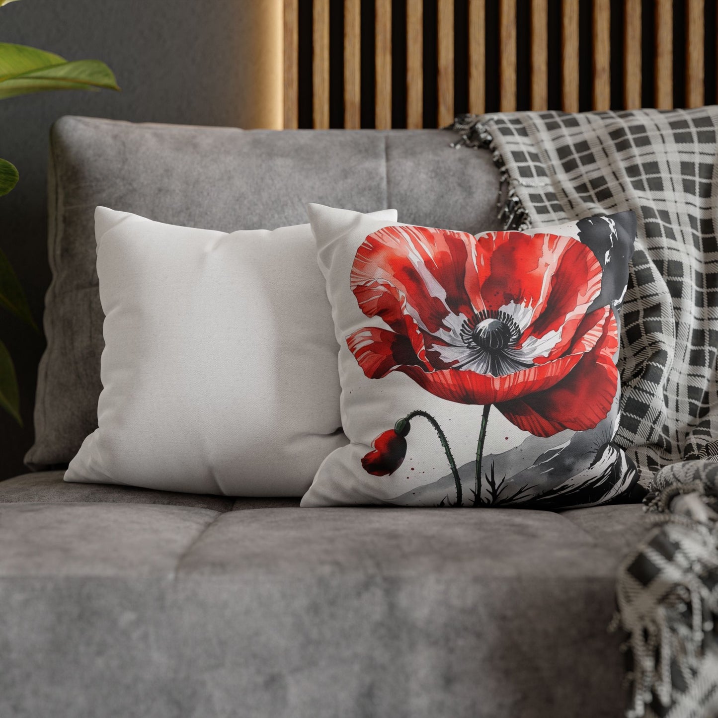 Albanian Red Poppy Pillowcase – Botanical Watercolor Art | National Flower-Inspired Decor | Red & Black Accent Cushion