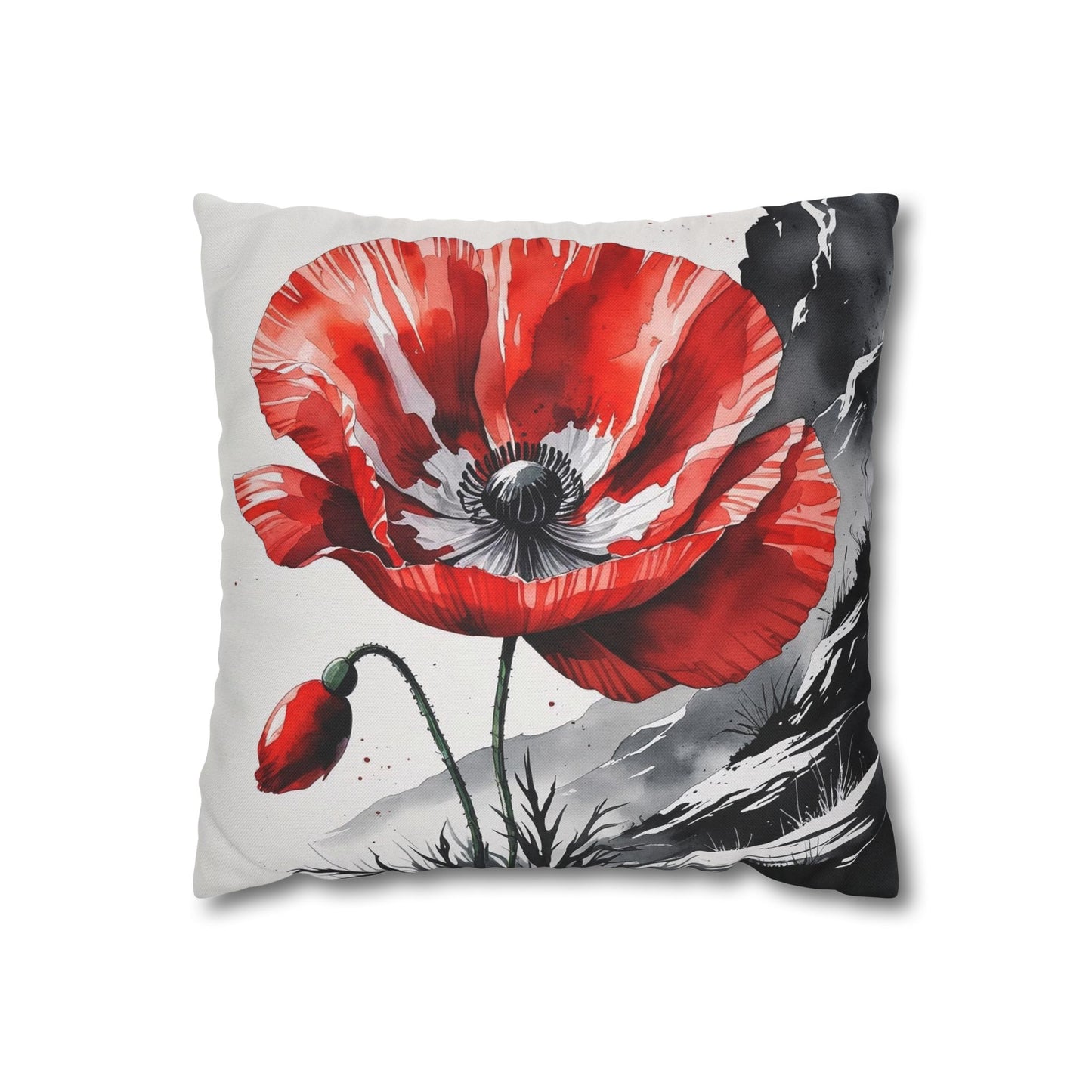 Albanian Red Poppy Pillowcase – Botanical Watercolor Art | National Flower-Inspired Decor | Red & Black Accent Cushion