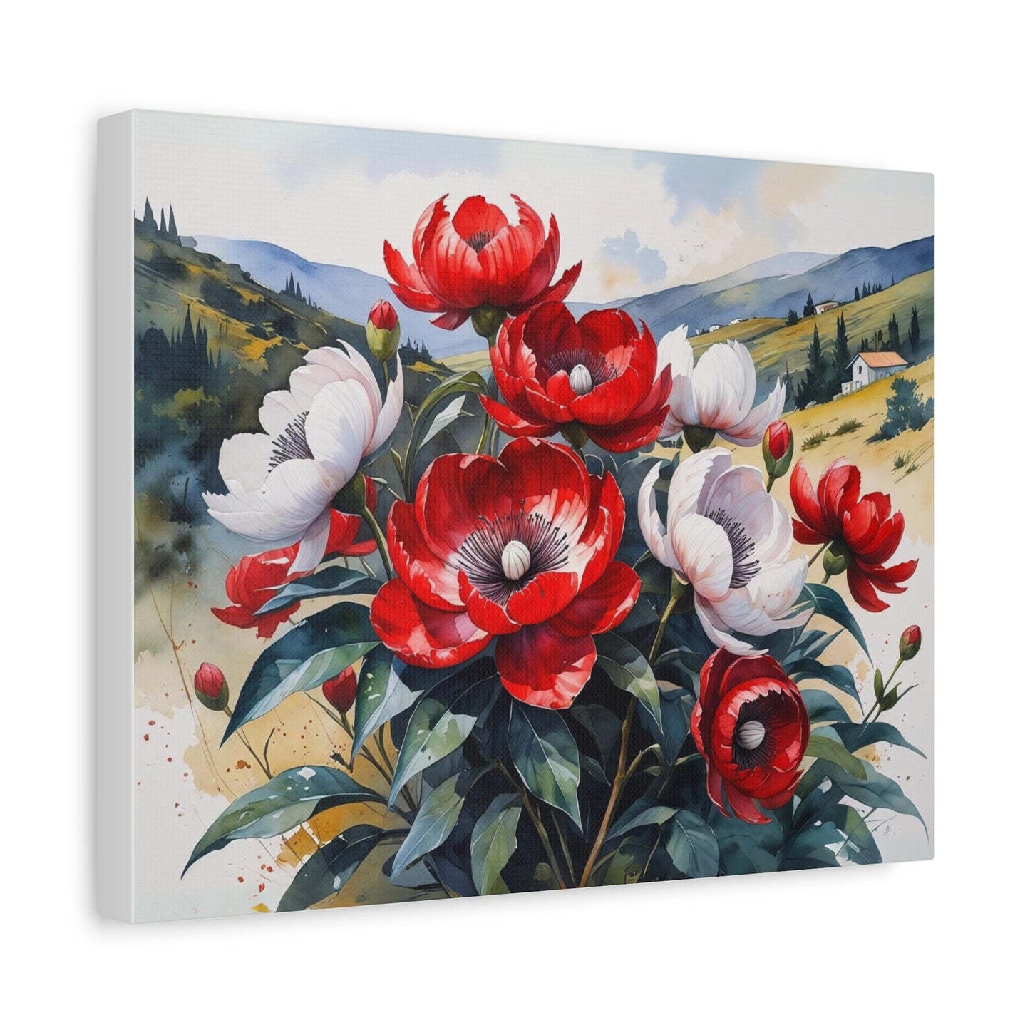 Kosovo’s Crimson Bloom – Watercolor Style Canvas of Red Paeonia peregrina in an Albanian Landscape