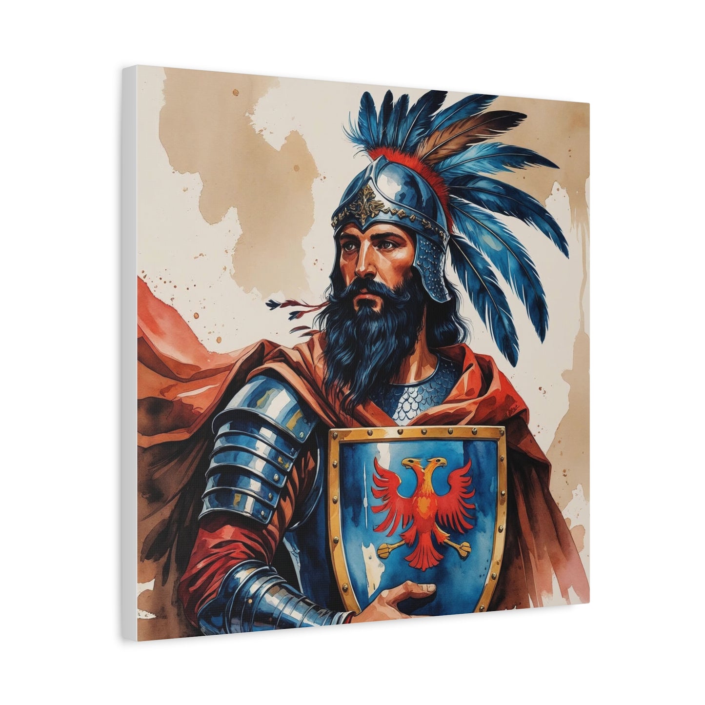 Skanderbeg: Guardian of the Eagle – A Regal Watercolor Style Portrait of Albania’s National Hero in Crimson, Gold, and Valor