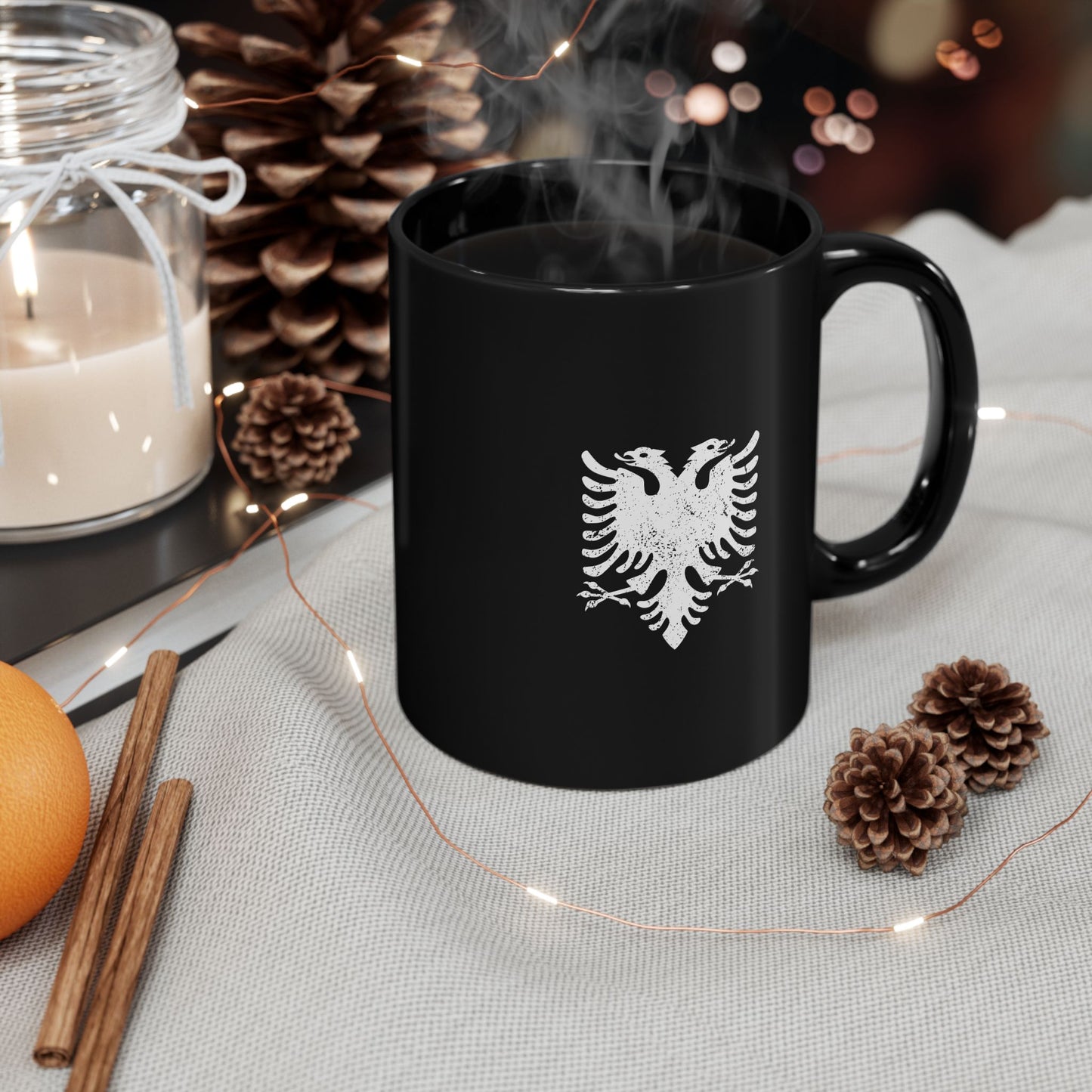 White Eagle on Black Mug – 11oz Albanian Pride Ceramic Cup | Bold Cultural Gift for Coffee Lovers & Heritage Fans