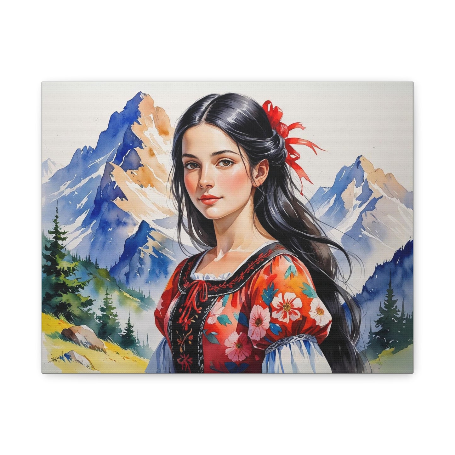 "Besa Among the Mountains" – Albanian Shepherdess Watercolor Style Art in Red & Black Floral Dress