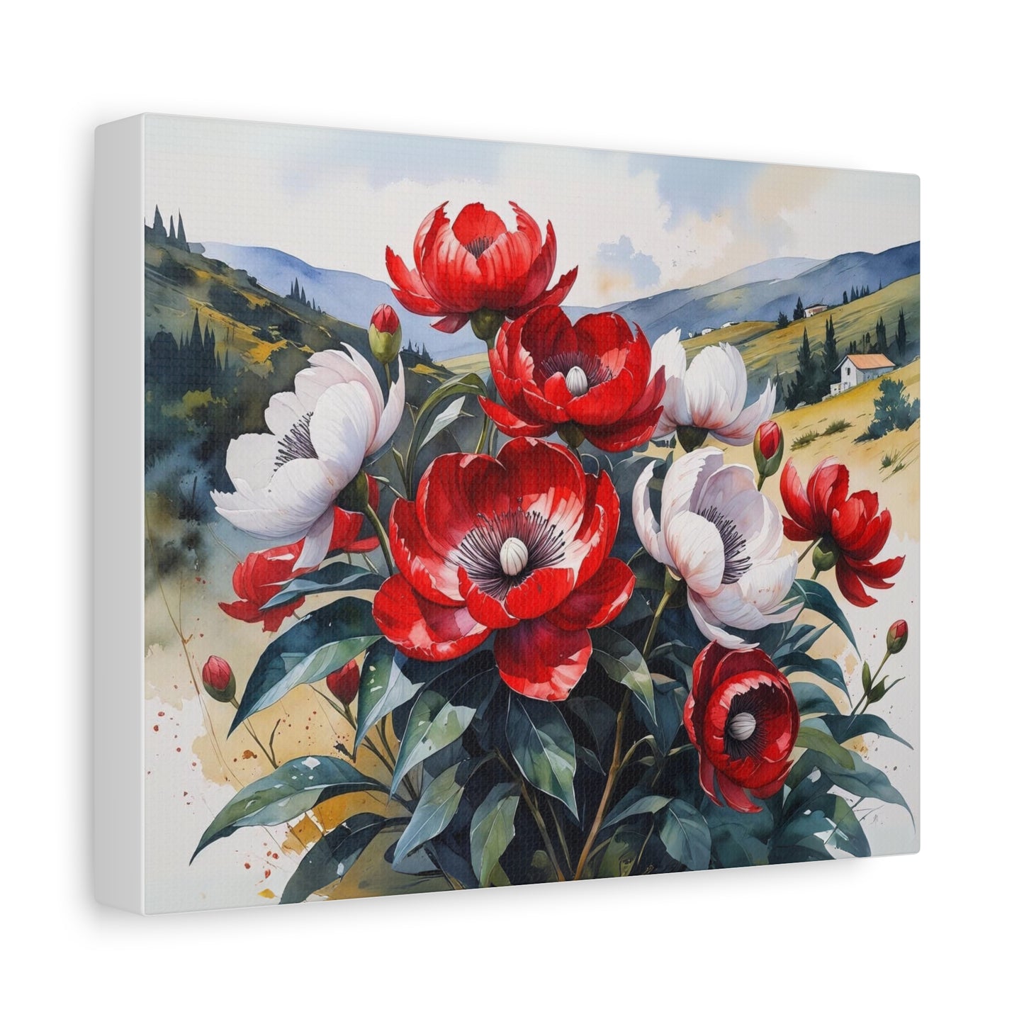 Kosovo’s Crimson Bloom – Watercolor Style Canvas of Red Paeonia peregrina in an Albanian Landscape