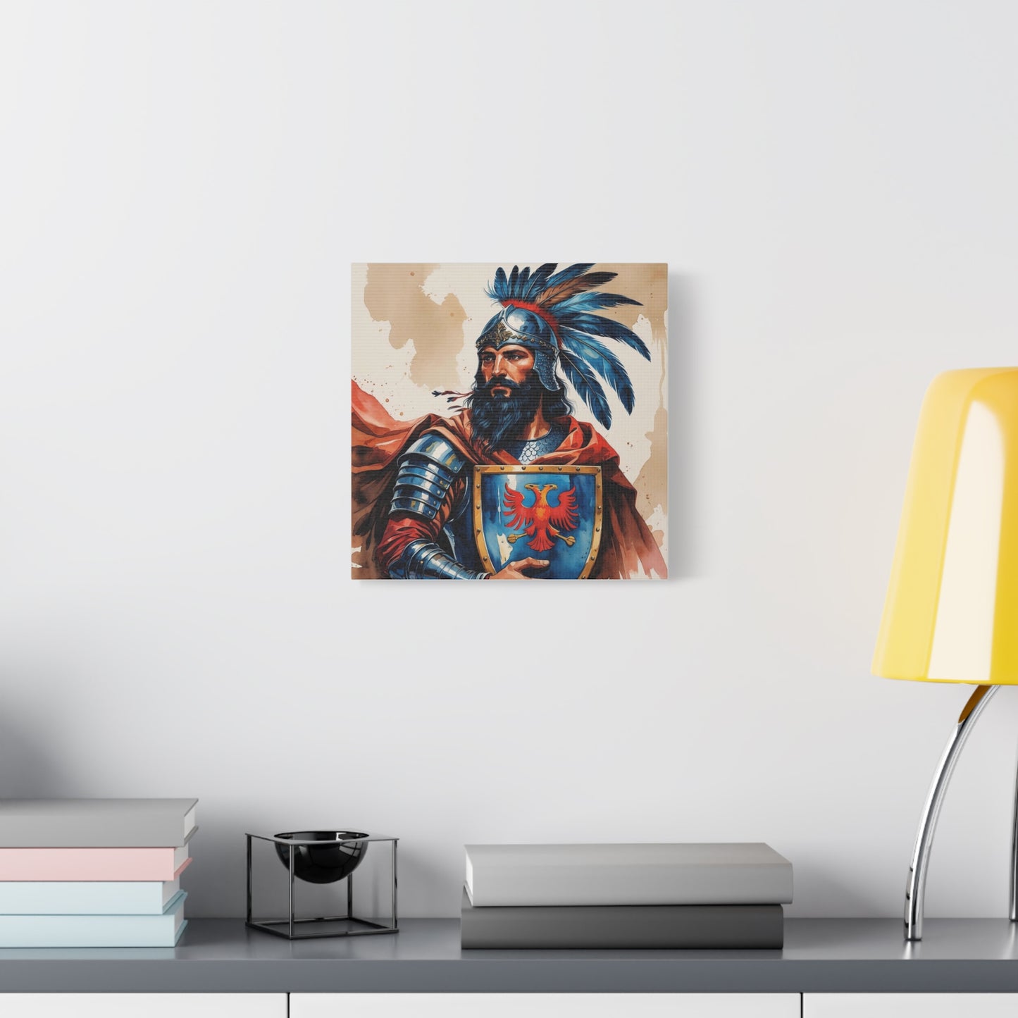Skanderbeg: Guardian of the Eagle – A Regal Watercolor Style Portrait of Albania’s National Hero in Crimson, Gold, and Valor