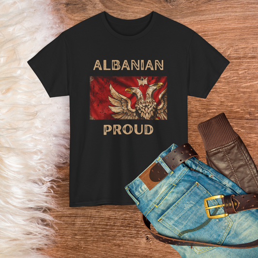 Albanian Proud T-Shirt – Unisex Softstyle Tee | Distressed Double-Headed Eagle Design