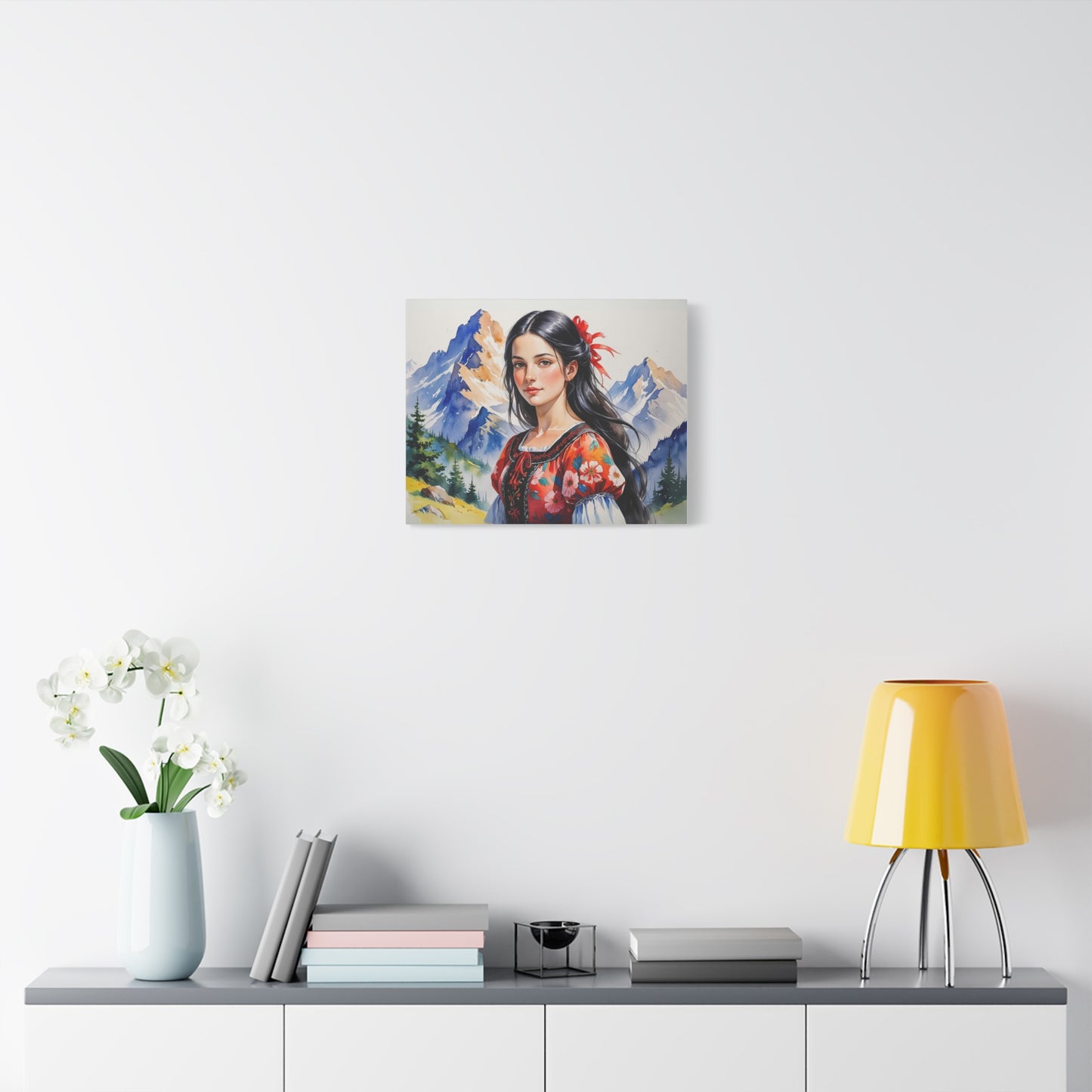 "Besa Among the Mountains" – Albanian Shepherdess Watercolor Style Art in Red & Black Floral Dress