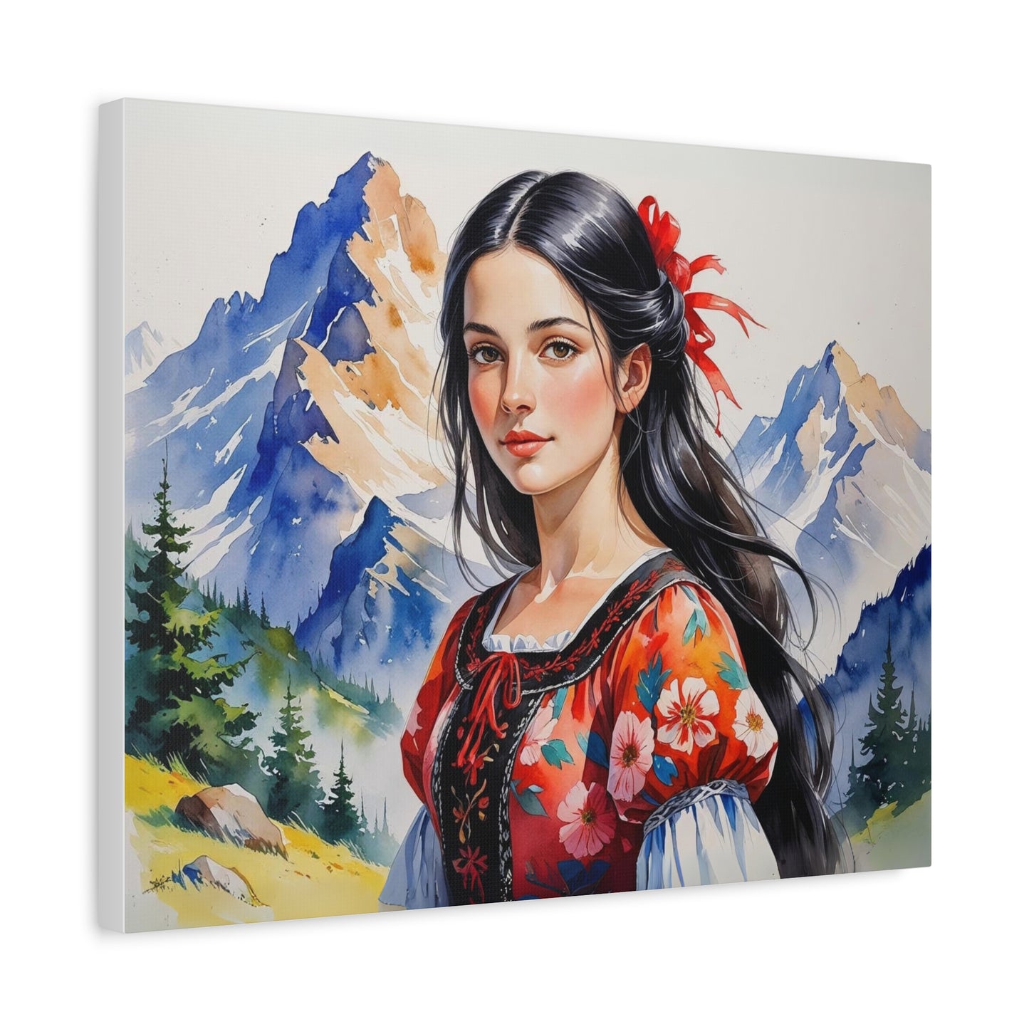 "Besa Among the Mountains" – Albanian Shepherdess Watercolor Style Art in Red & Black Floral Dress