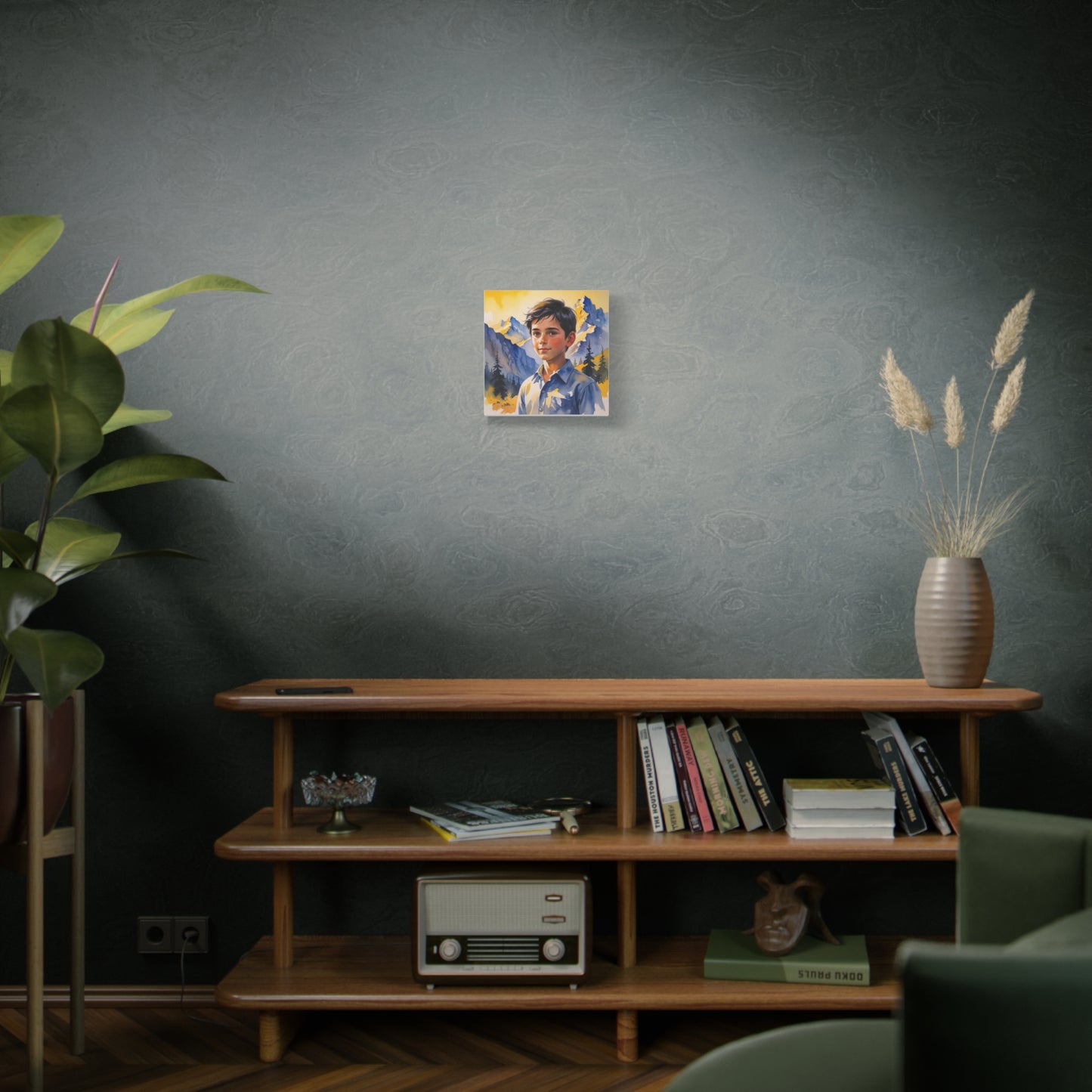 Dardan’s Freedom Dream – Watercolor Style Canvas of a Kosovar Shepherd Boy in the Accursed Mountains at Sunset, Painted in Kosovo’s Yellow and Blue Hues