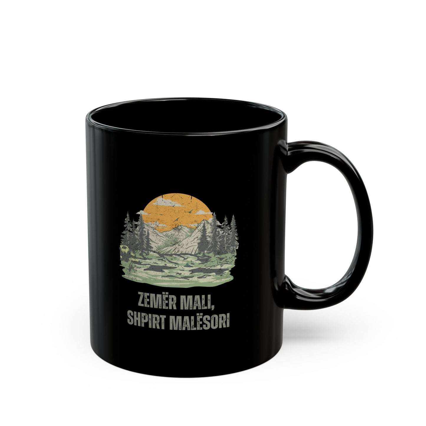 Zemër Mali, Shpirt Malësori – Black Distressed Mug | Mountain Heart, Highlander Soul | 11oz Albanian Pride Cup