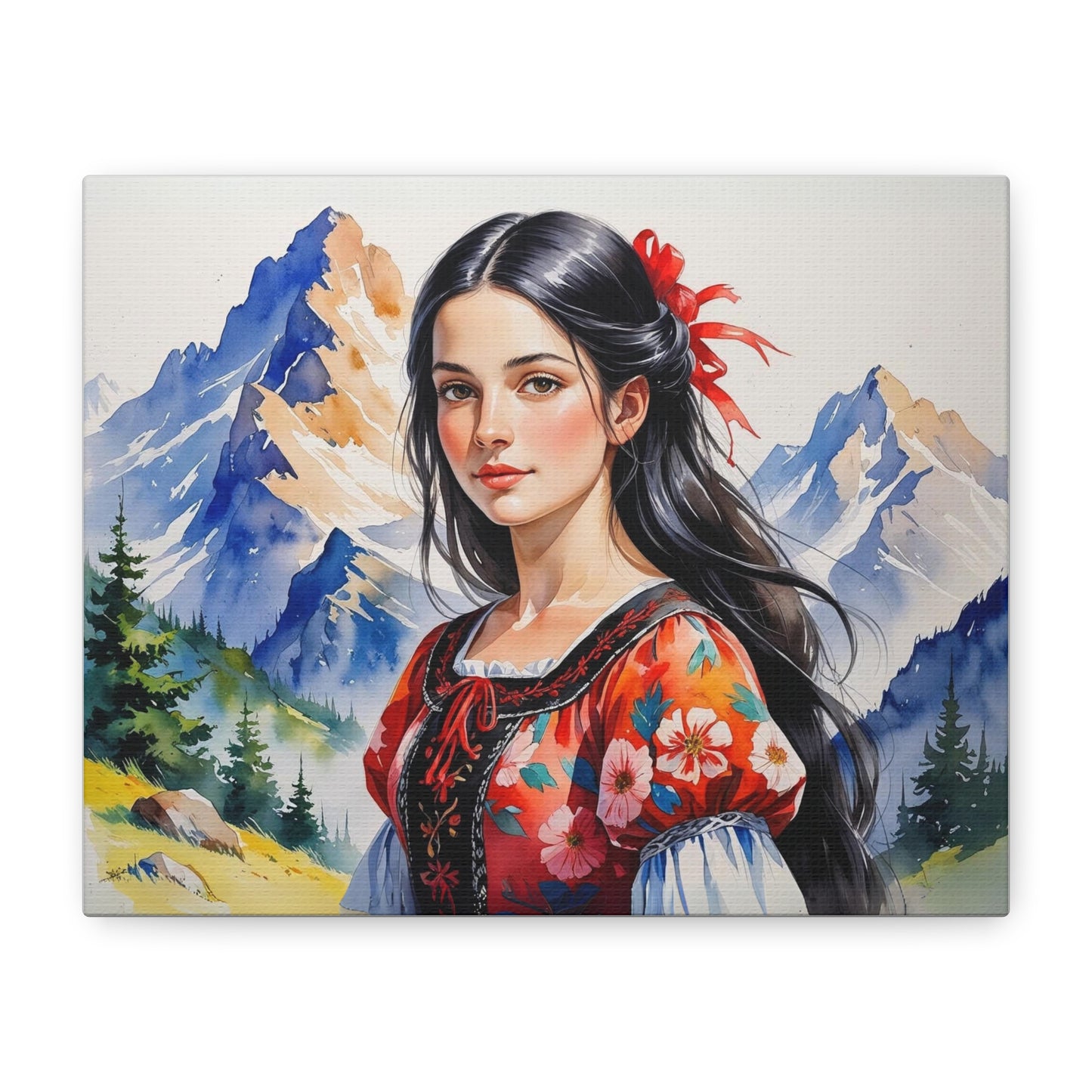 "Besa Among the Mountains" – Albanian Shepherdess Watercolor Style Art in Red & Black Floral Dress