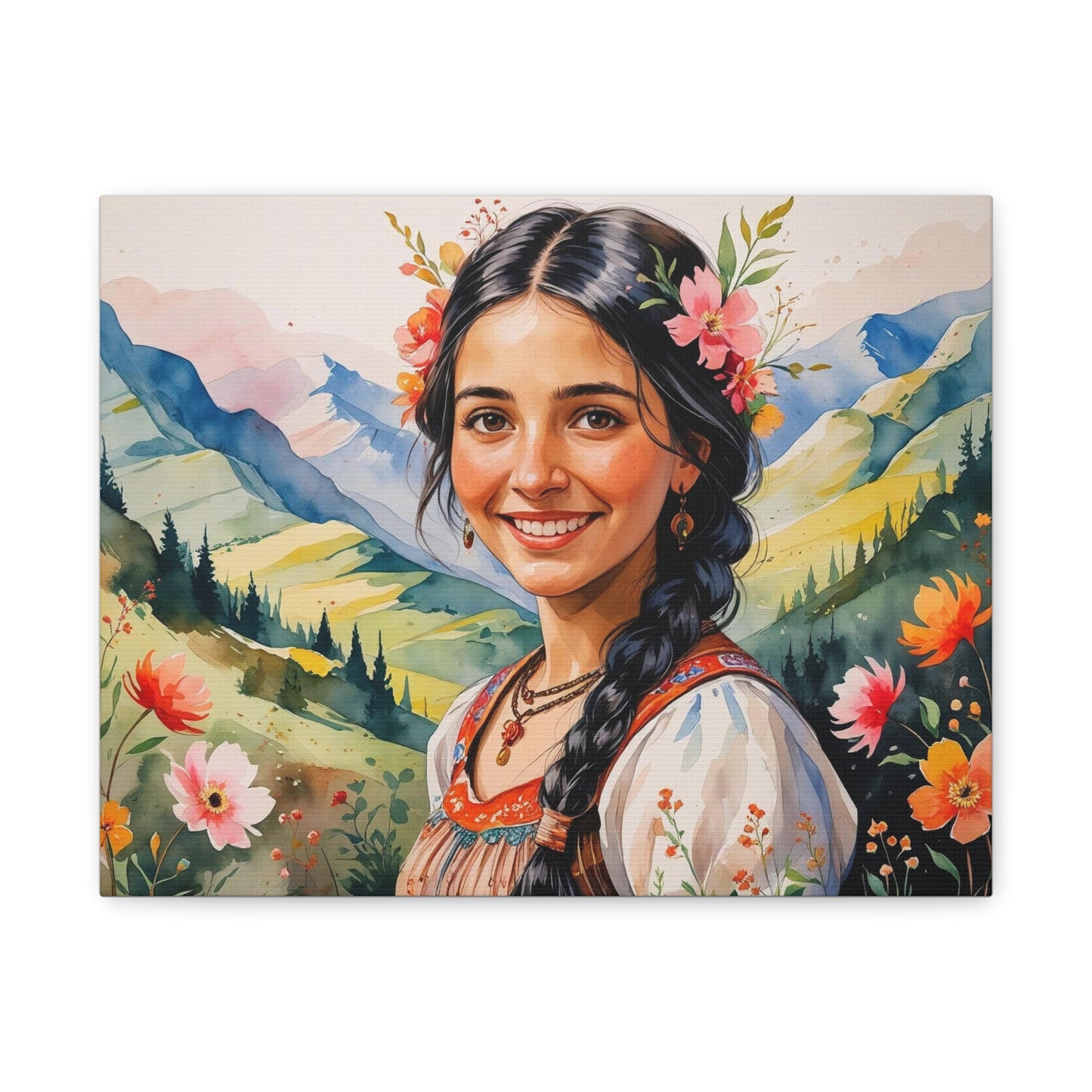Luludi – Balkan Romani Girl Canvas Print | Floral Watercolor Wall Art Inspired by Romani Culture