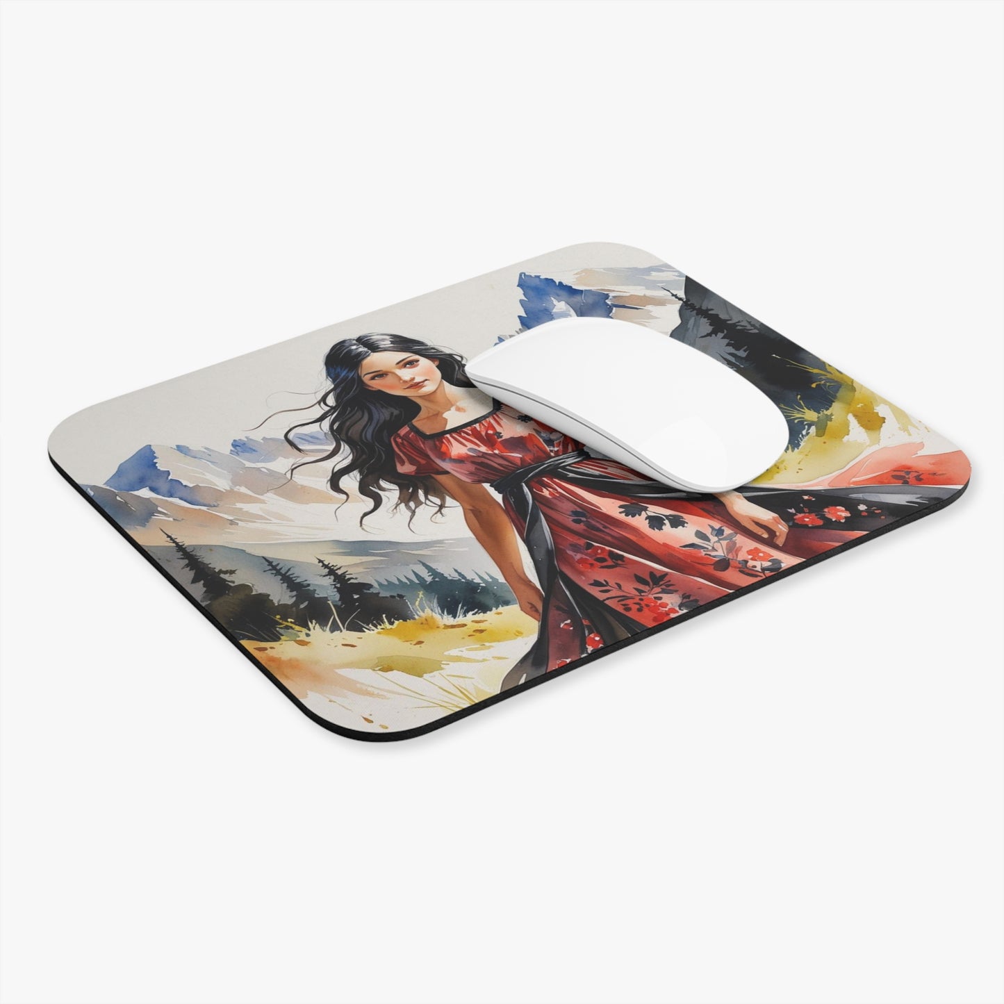 Shqipe the Albanian Shepherdess Mouse Pad – 9"x8" Watercolor Art, Mountain Landscape Desk Mat