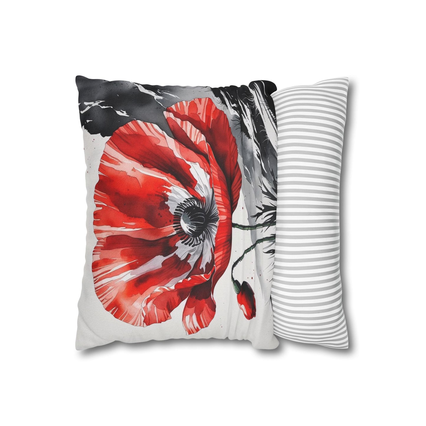 Albanian Red Poppy Pillowcase – Botanical Watercolor Art | National Flower-Inspired Decor | Red & Black Accent Cushion