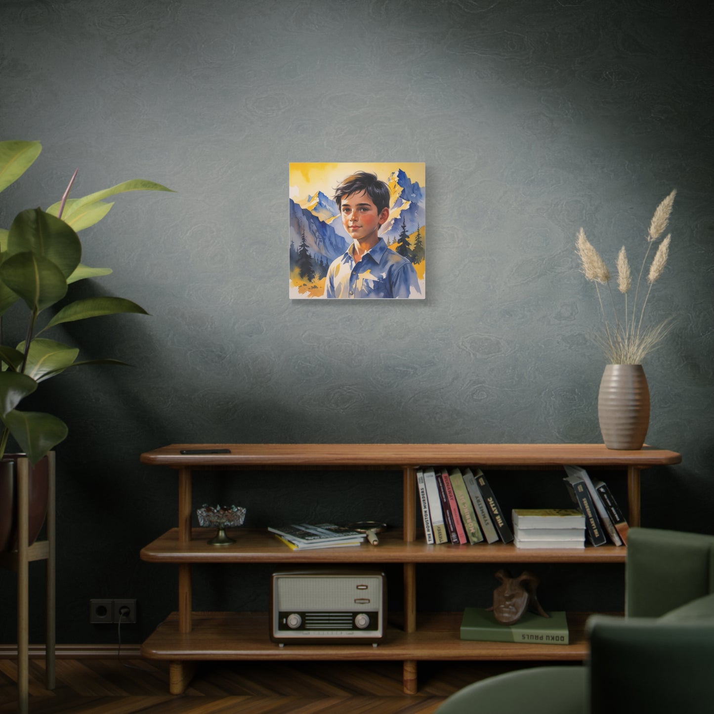 Dardan’s Freedom Dream – Watercolor Style Canvas of a Kosovar Shepherd Boy in the Accursed Mountains at Sunset, Painted in Kosovo’s Yellow and Blue Hues