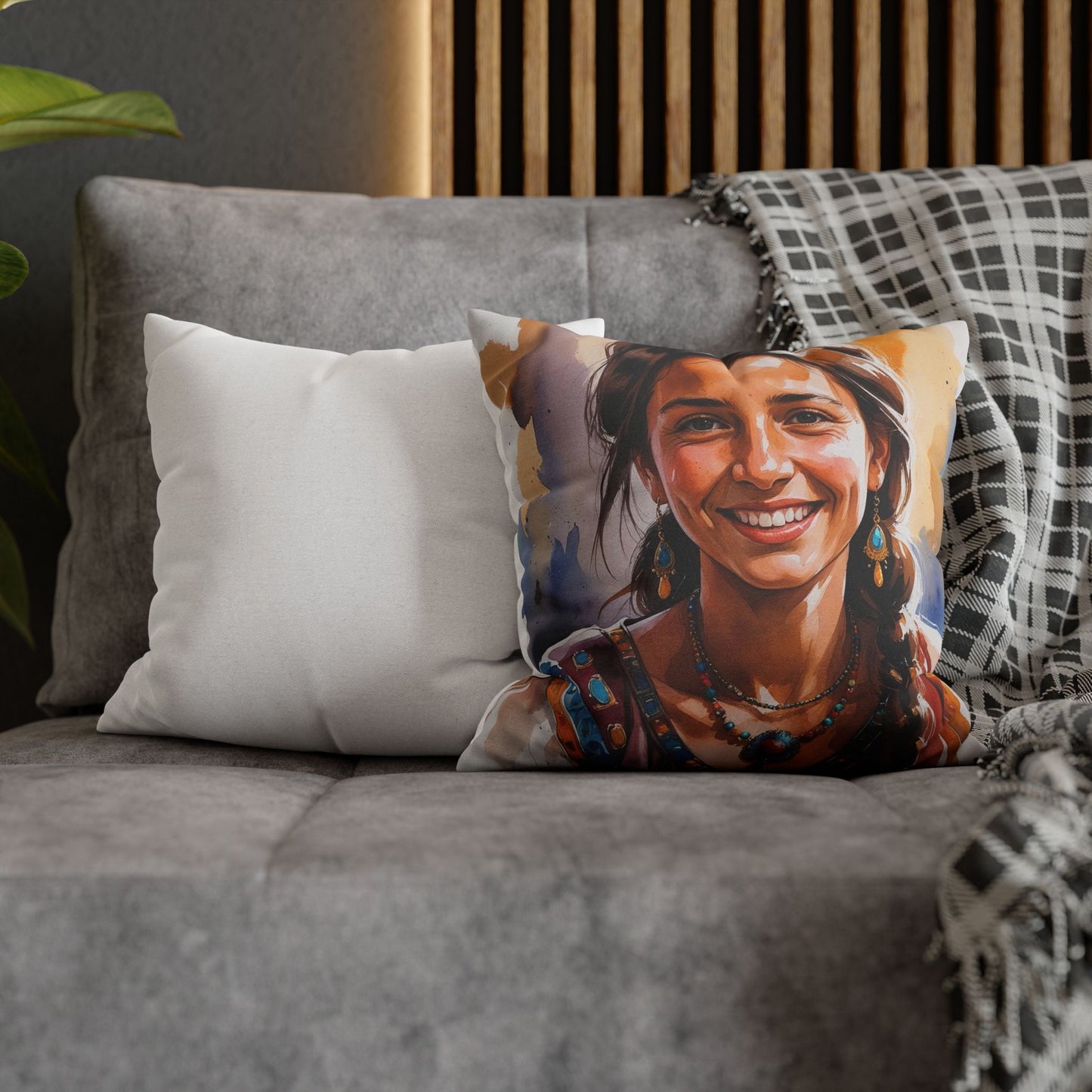 Albanian Roma Girl Boho Pillowcase – Radiant Smiles & Free-Spirited Charm Decorative Cushion Cover | Bohemian Home Decor