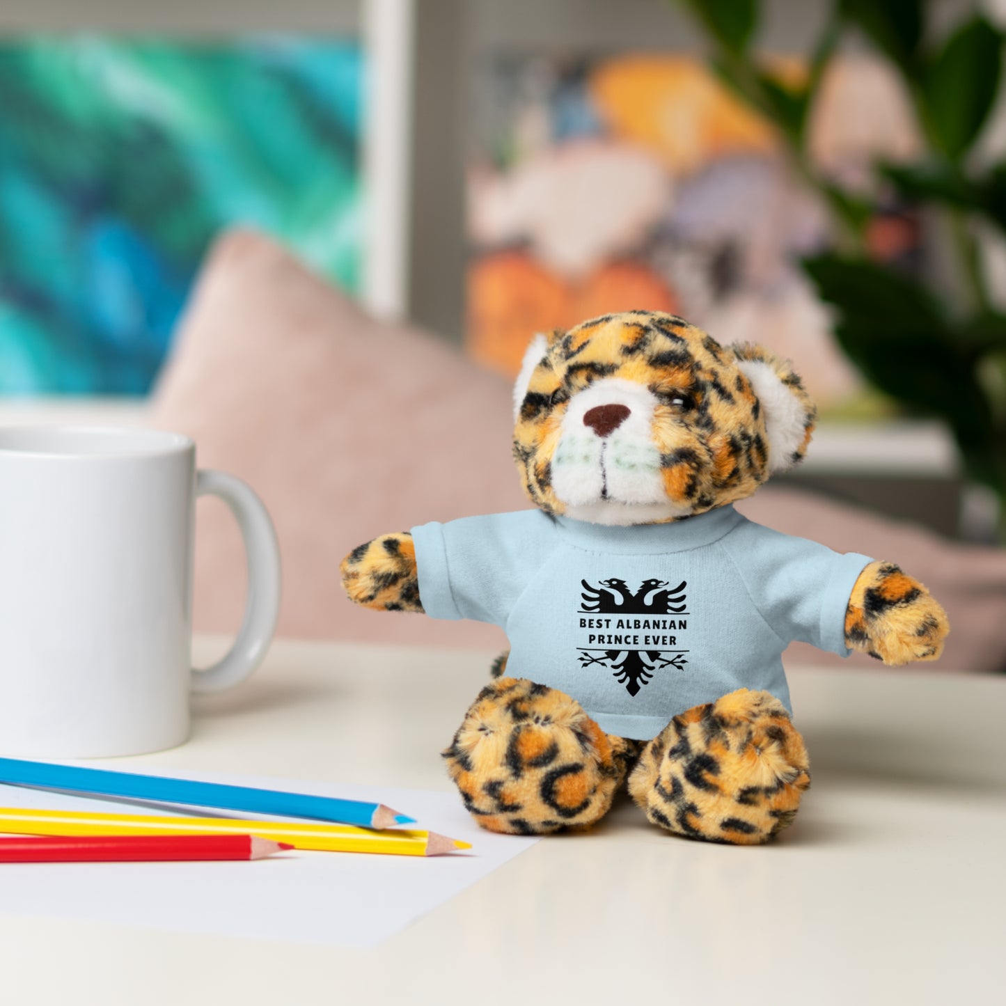 Best Albanian Prince Ever | Personalized 8" Plush Stuffed Animal Jaguar | Custom Tee in Multiple Colors | Gift for Kids & Collectors