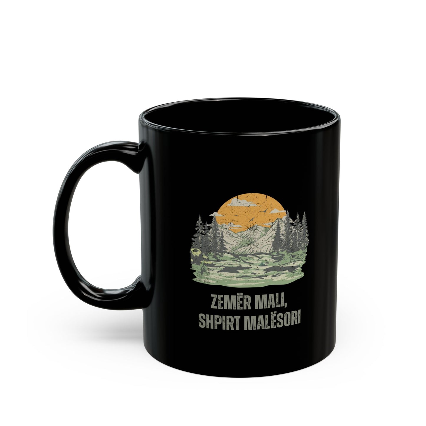 Zemër Mali, Shpirt Malësori – Black Distressed Mug | Mountain Heart, Highlander Soul | 11oz Albanian Pride Cup