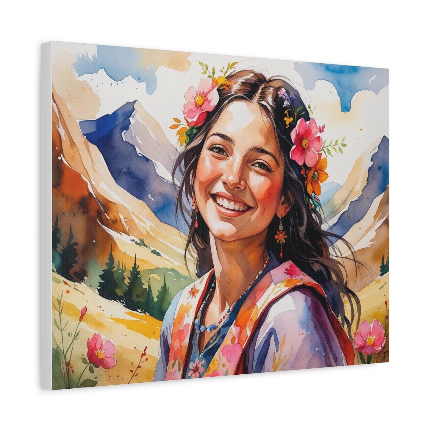 Lulika of the Mountains – Watercolor Portrait of a Joyful Balkan Romani Girl in Bloom, Wrapped in Bohemian Spirit and Color