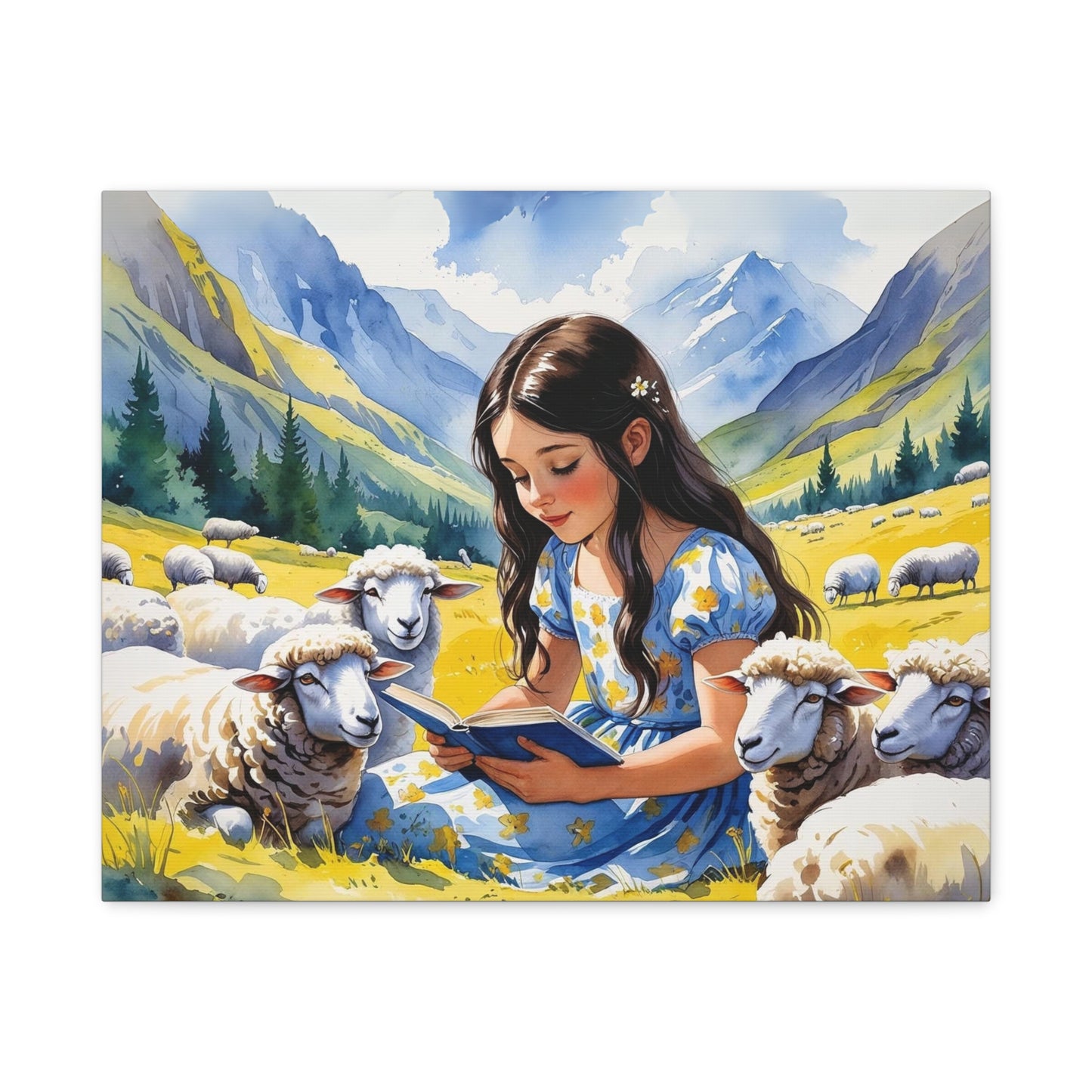 Kosovo Shepherdess Watercolor Style Canvas | Girl Reading to Sheep with Shar Mountains – Blue & Yellow Flag-Inspired Art