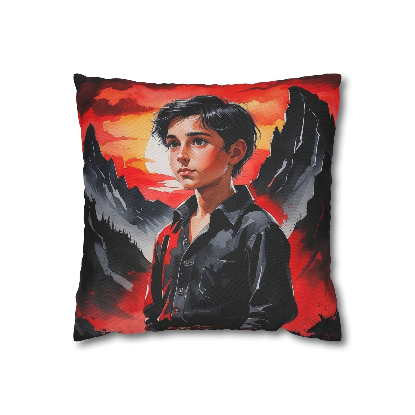 "Flamur at Dusk – Red & Black Albanian Shepherd Boy Pillowcase" | Watercolor Canvas-Style Cushion Cover in 4 Sizes (14”, 16”, 18”, 20”)