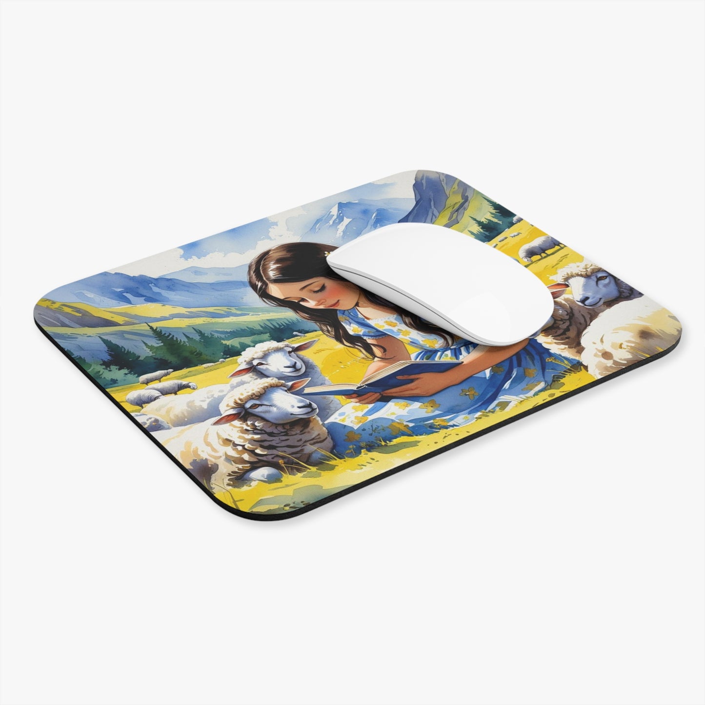 Kosovar Shepherdess Girl Mouse Pad – Reading to Sheep in Yellow & Blue Whimsical Rural Scene | 9"x8" Desk Accessory | Kosovo-Inspired Art Gift