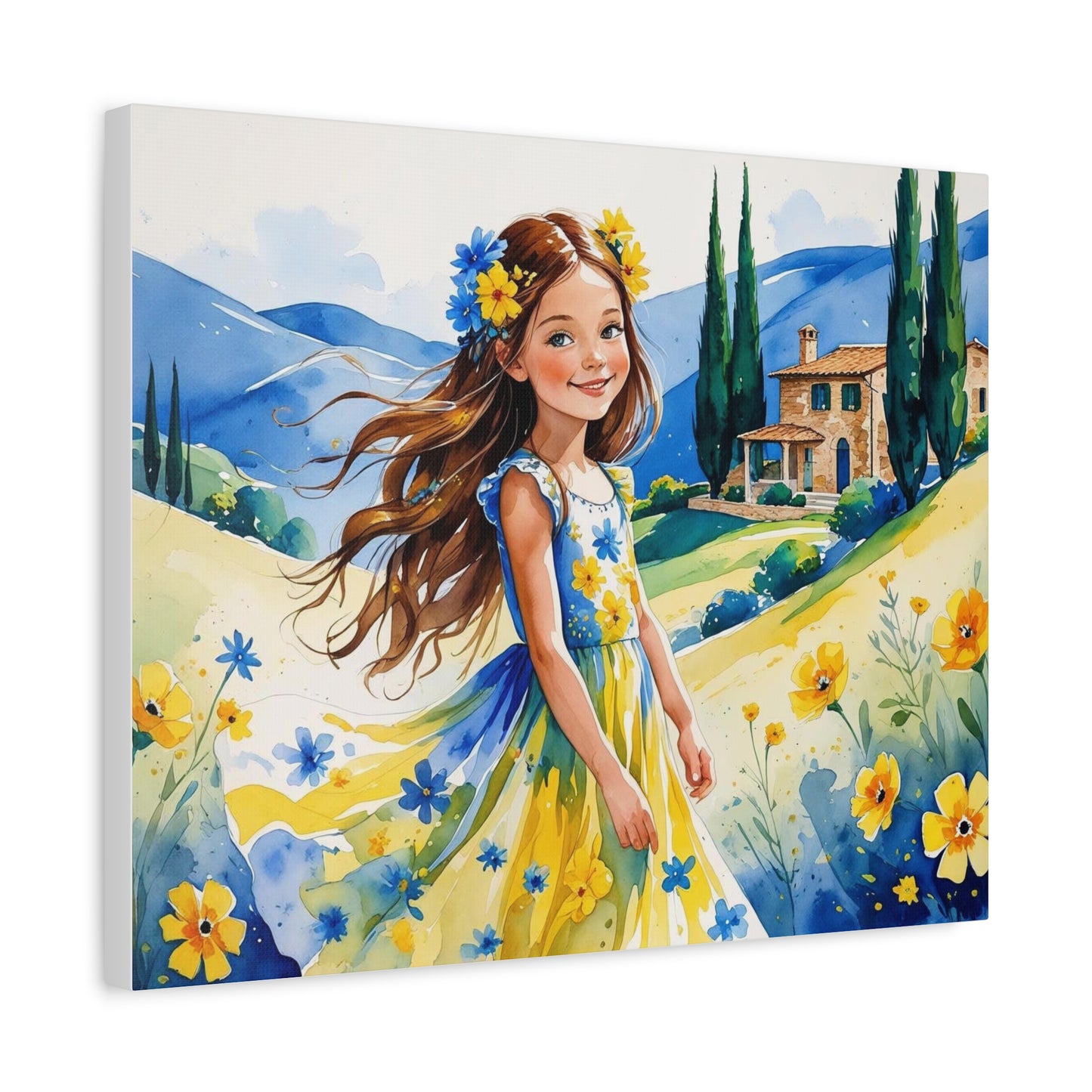 Dea’s Bright Journey – Watercolor Style Canvas Portrait of a Smiling Girl Amid the Hills of Kosovo, in Yellow and Blue Flag-Inspired Dress